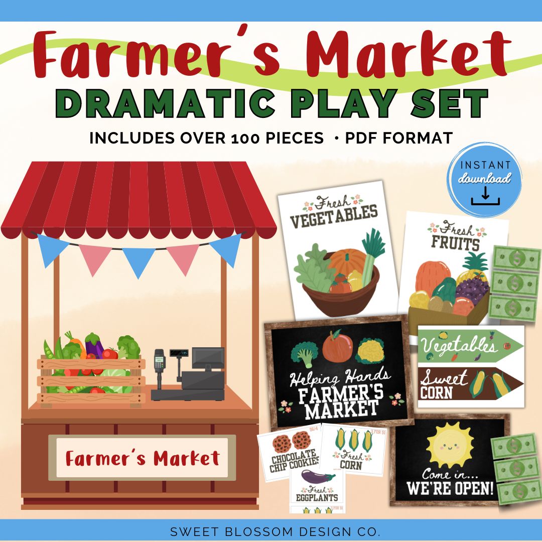 Welcome to the ultimate Farmers Market Dramatic Play Kit! Perfect for encouraging imaginative play and teaching kids about healthy eating, commerce, and social skills. This printable PDF kit has everything your little ones need to set up their very own play farmers market.