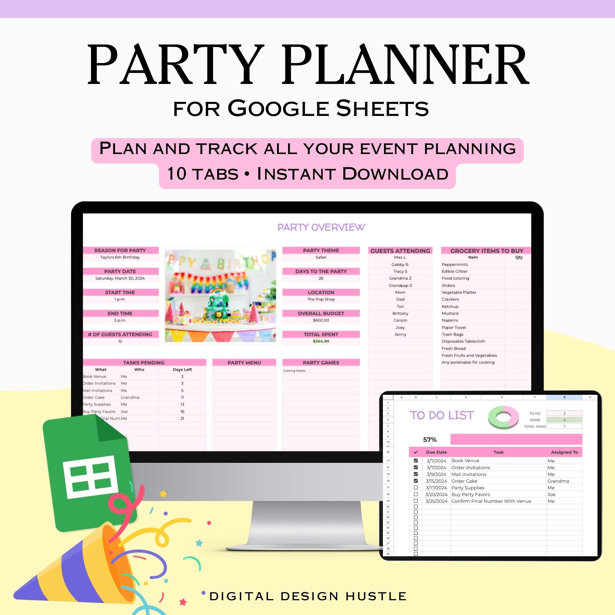 Plan the perfect party effortlessly with our Birthday Party Planning Spreadsheet designed specifically for Google Sheets! This comprehensive Digital Event Planner includes 10 meticulously organized tabs, each tailored to streamline every aspect of your event preparation.