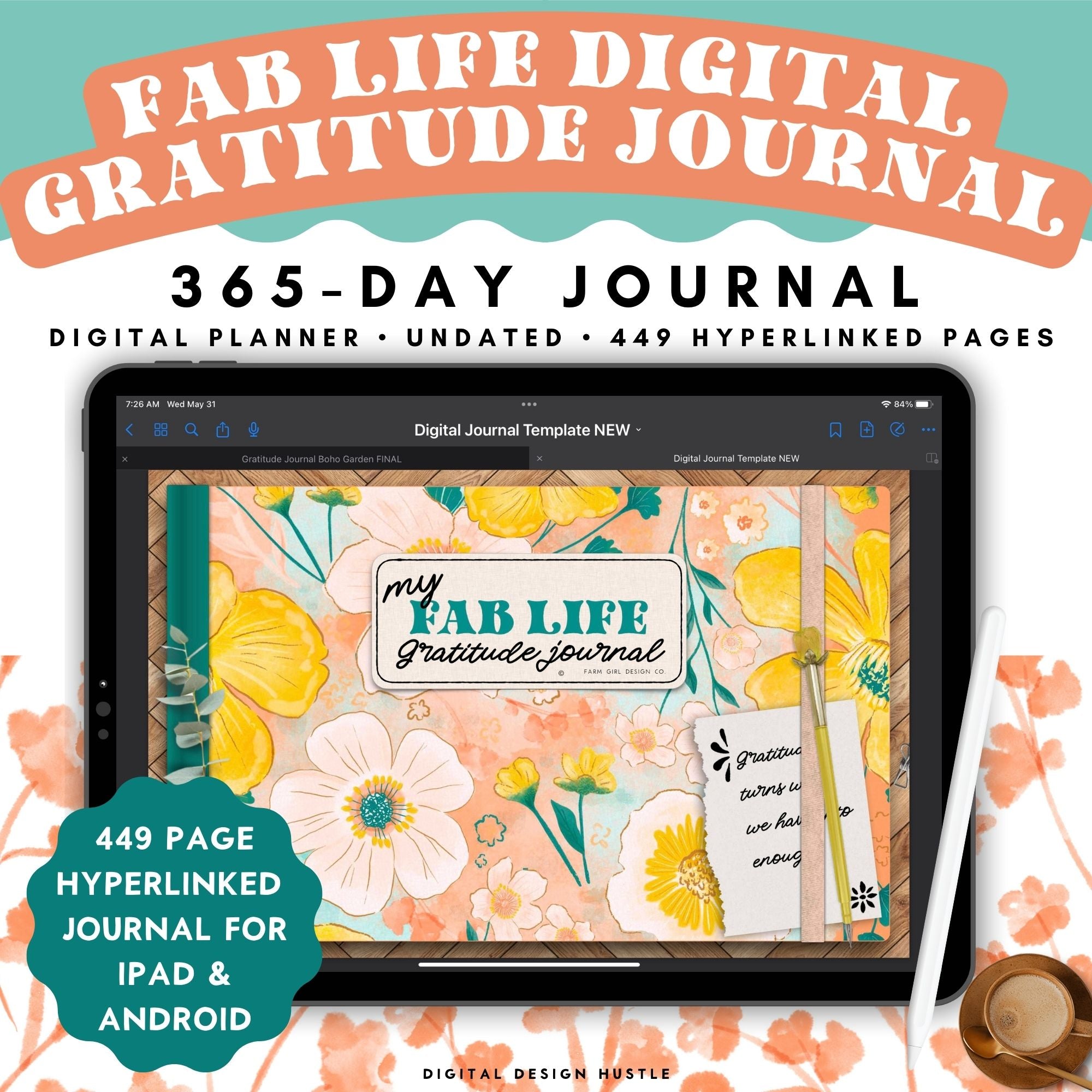 Take care of your mind, body and health with this 365-day digital gratitude journal. Use this beautifully designed planner to record and take note of your mental health. This self care planner has 449 hyperlinked pages for monthly and daily journaling. Track your gratitude for each week of the year.