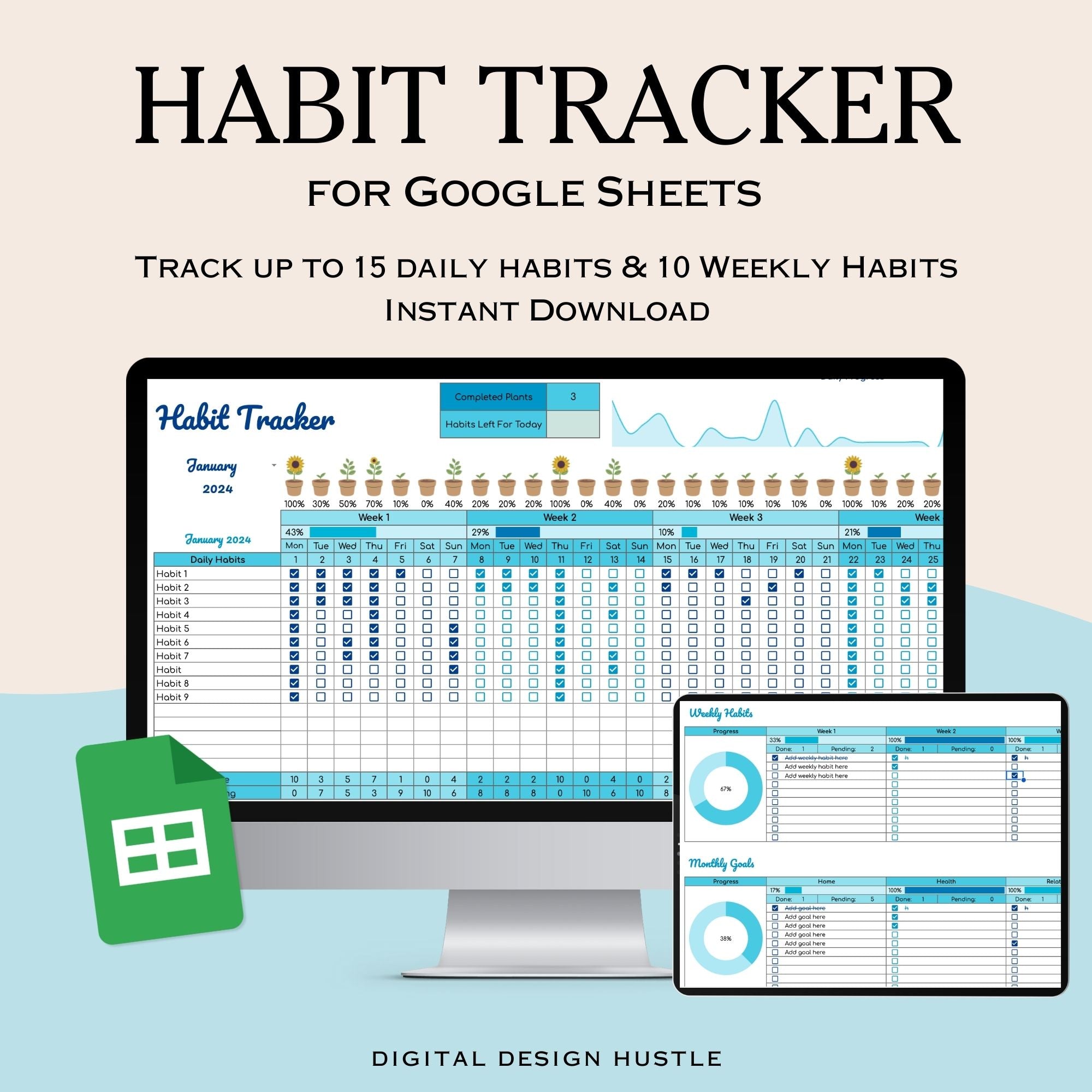 Transform your habits with our powerful Habit Tracker for Google Sheets! This customizable spreadsheet is designed to help you track up to 15 daily habits and 10 weekly habits effortlessly. Whether you&