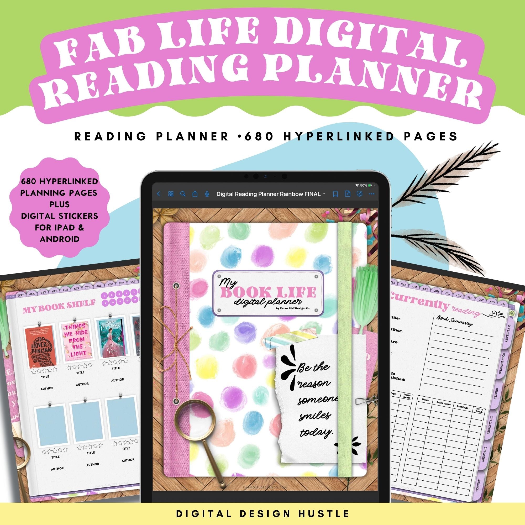 This rainbow digital reading planner is a fun way to track reading progress, take notes in the digital notebook and write thoughts in the digital journal. This planner includes a monthly and daily planner and reading logs, book trackers, and more. Keep track of all your reading lists, activities, goals too.