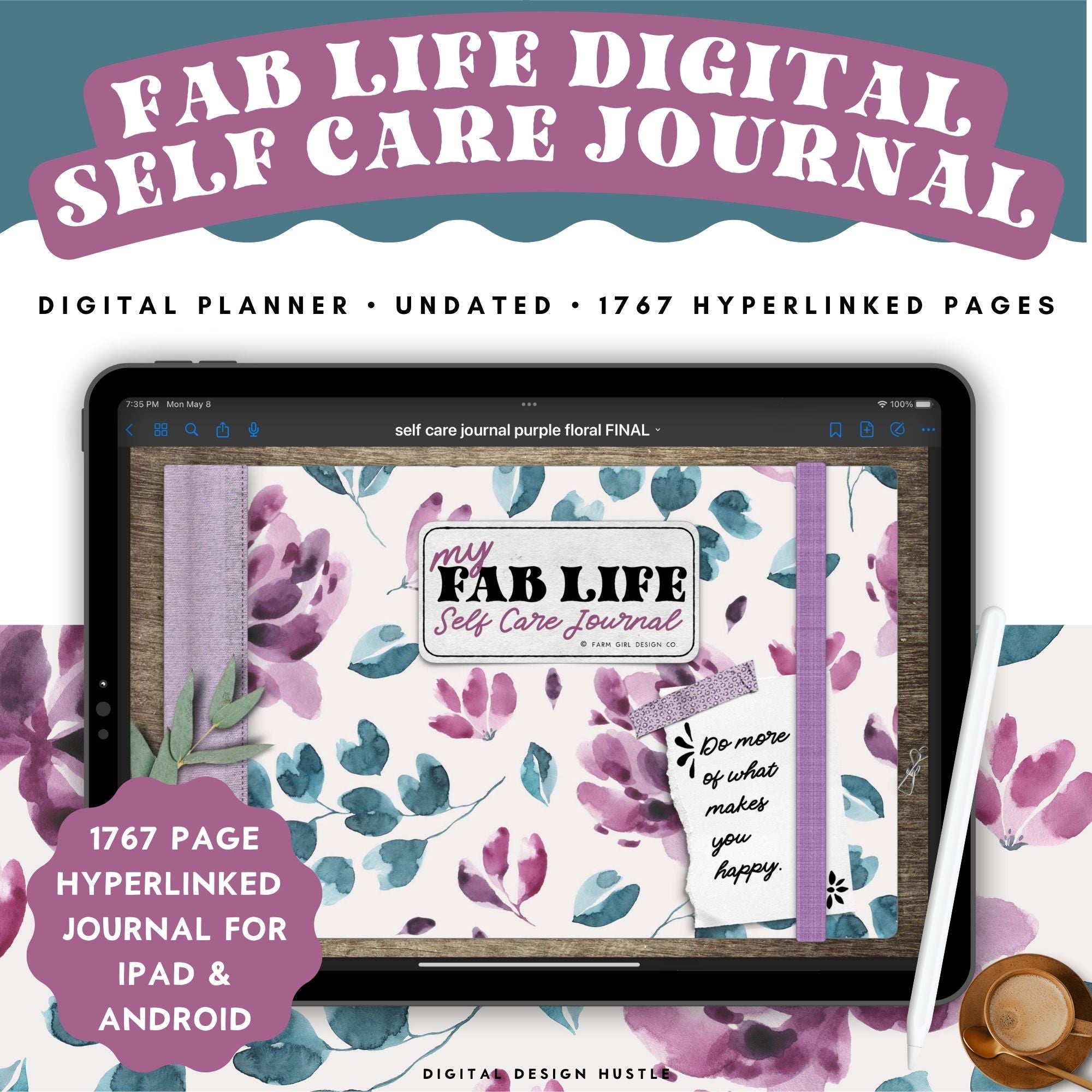 Take care of your mind, body, and health with this floral watercolor digital Self Care Journal. Use this beautifully designed planner to record and take note of your mental health. This digital self-care planner has 1767 hyperlinked pages for monthly and daily self-care.