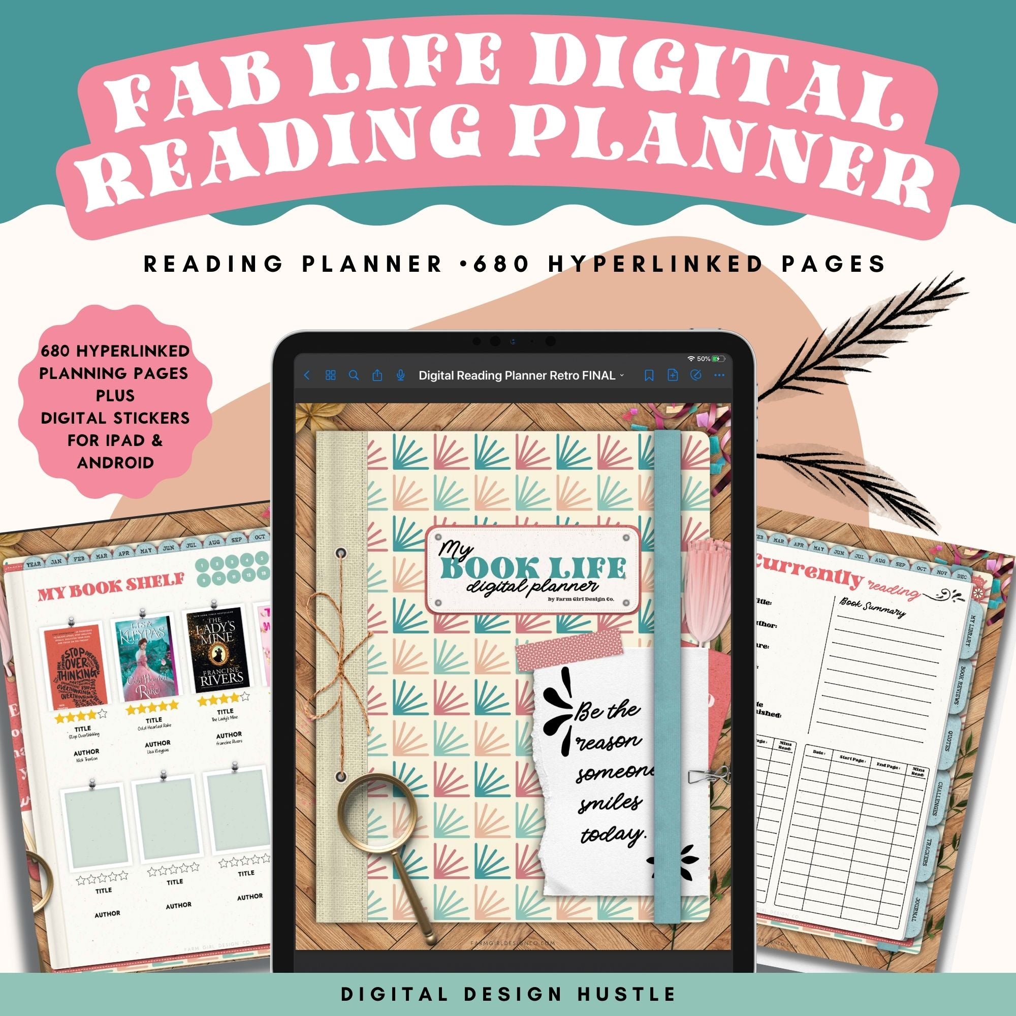 This cool retro-themed digital reading planner is a fun way to track reading progress, take notes, and write ideas and thoughts in the digital journal. This 680-page reading planner includes 19 hyperlinked sections including reading logs, book trackers, and more.