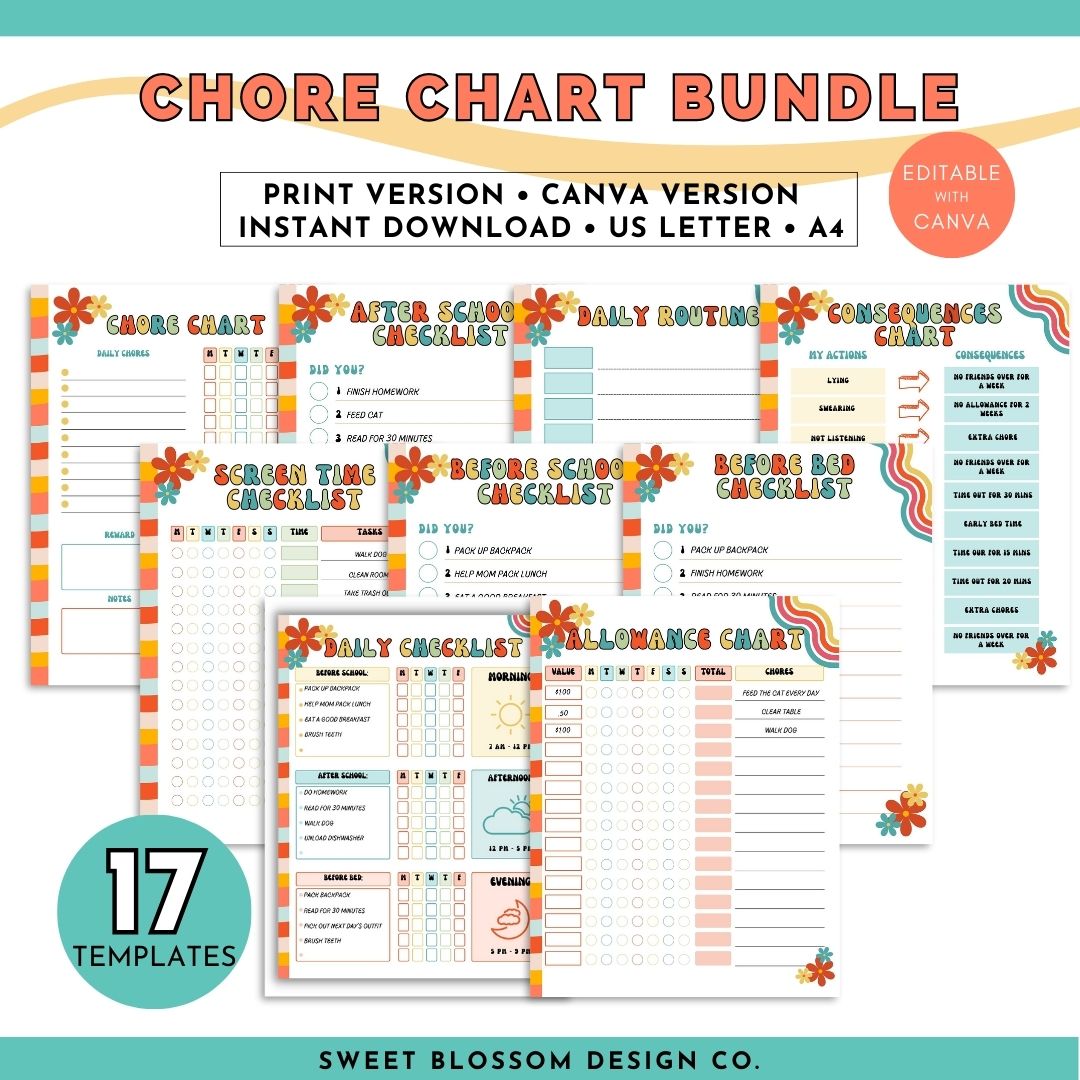 Introducing our retro themed Family Chore Chart Bundle - the ultimate tool to streamline household responsibilities and instill valuable life skills in your children! This comprehensive package includes a whopping 17 different chore chart checklists to cater to your family&