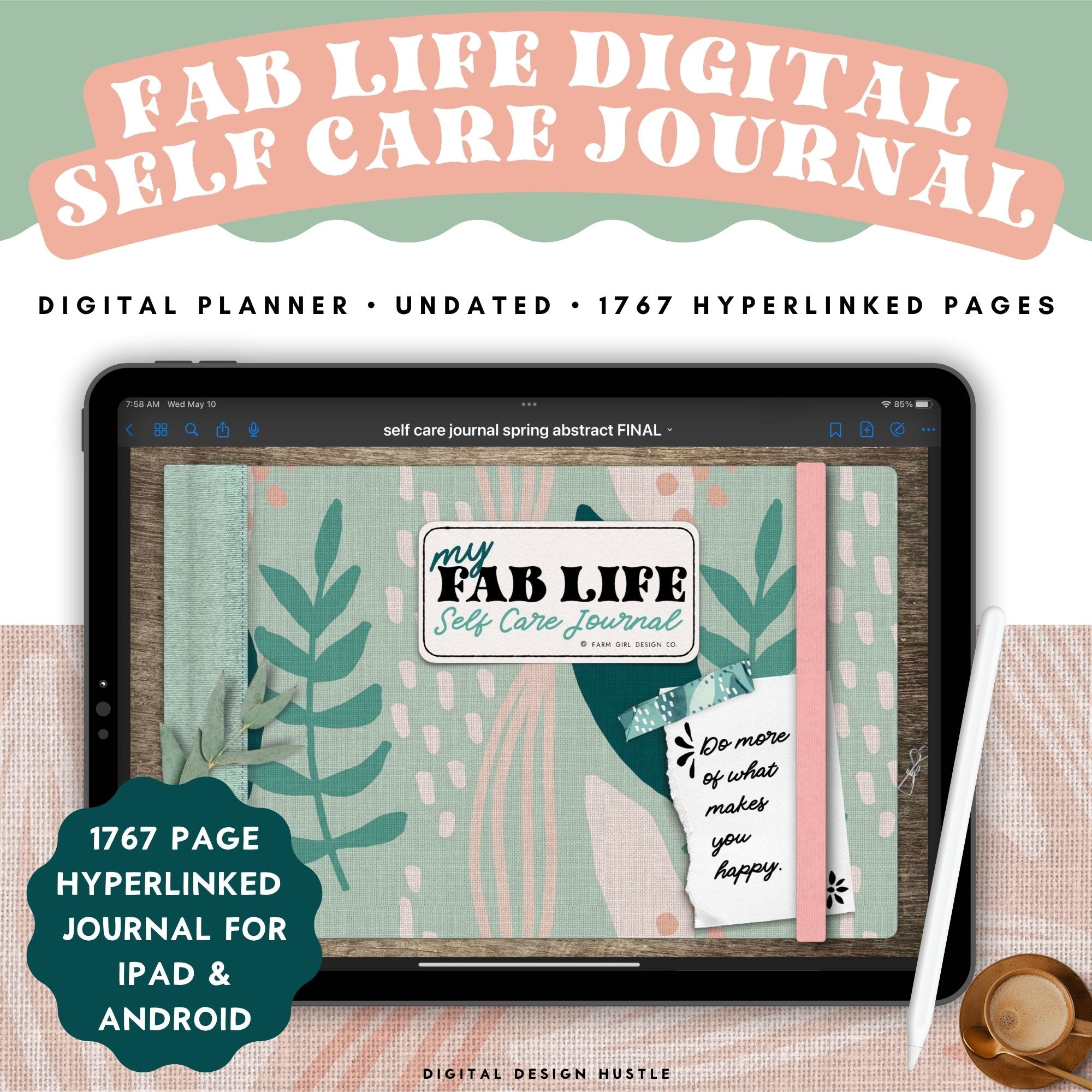 Take care of your mind, body, and health with this spring abstract digital Self Care Journal. Use this beautifully designed planner to record and take note of your mental health. This mindfulness planner has 1767 hyperlinked pages for monthly and daily self-care. Track your mental wellness for each week of the year.