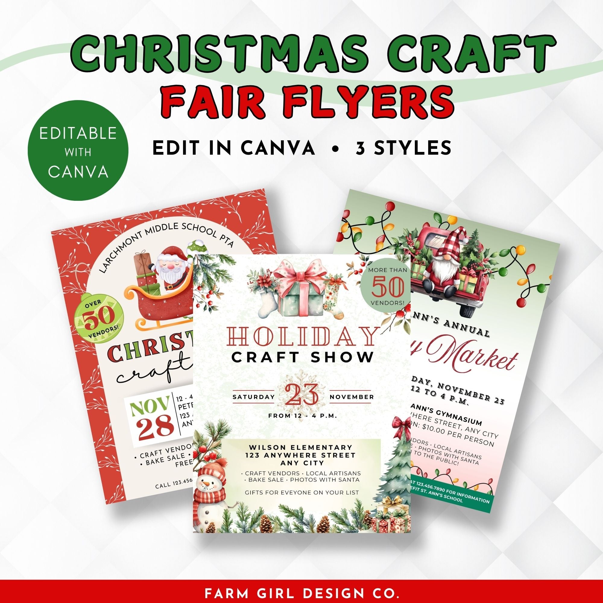 Get your Christmas Craft Fair noticed with this set of 3 beautifully designed, fully editable flyers! Perfect for holiday markets, craft shows, or festive events, these Christmas Craft Show Flyer templates feature eye-catching holiday themes that will help you attract vendors and attendees. Easily customizable in the free version of Canva, you can edit text, colors, and images to make each flyer uniquely yours. No design experience needed!