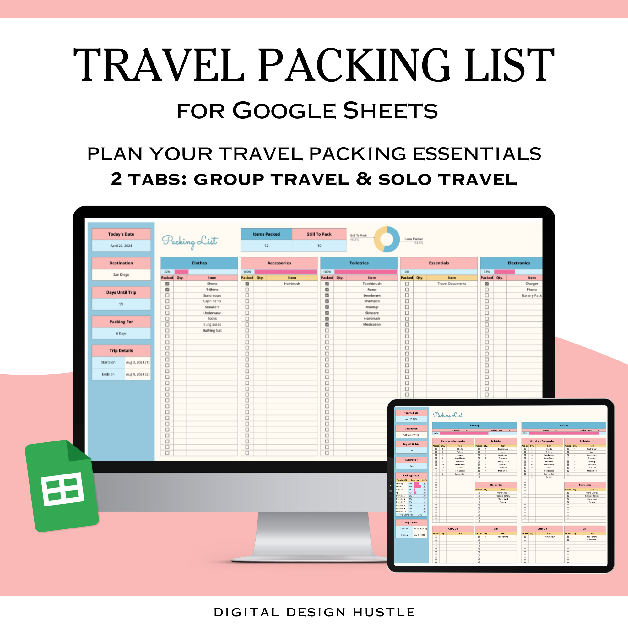 Are you tired of the pre-trip chaos and the post-trip panic of forgotten essentials? Our Trip Packing List Spreadsheet for Google Sheets is here to save the day.Two Versions Included:Group Packing List: Perfect for family vacations or group travel, up to 10 travelers. Solo Packing List: Tailored for solo adventurers or those who simply require a more extensive packing checklist.