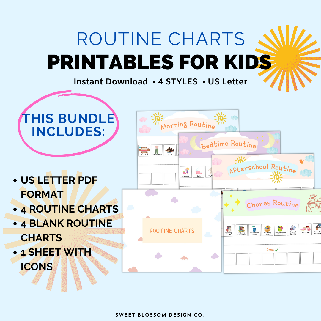 Keep the kids on task with these printable Routine Charts. This set of 4 routine charts for kids Teaches responsibility to your children. This routine chart bundle comes in four different styles. Track chore progress and rewards with this printable for kids.
