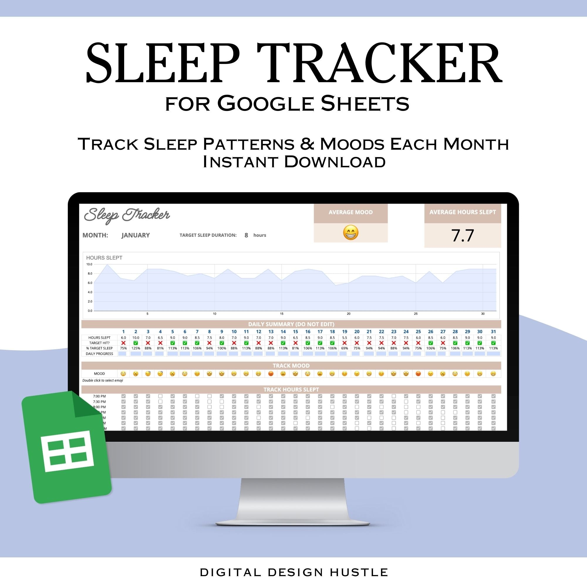 Elevate your sleep monitoring game with our intuitive Sleep Tracker Spreadsheet with mood tracker is tailored for Google Sheets! Our streamlined one-tab planner simplifies the process of tracking your sleep patterns and moods month by month.