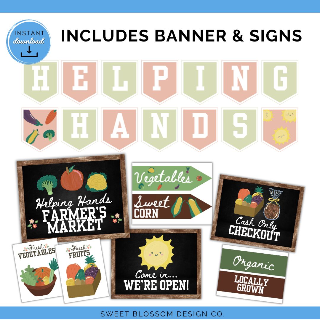 Welcome to the ultimate Farmers Market Dramatic Play Kit! Perfect for encouraging imaginative play and teaching kids about healthy eating, commerce, and social skills. This printable PDF kit has everything your little ones need to set up their very own play farmers market.