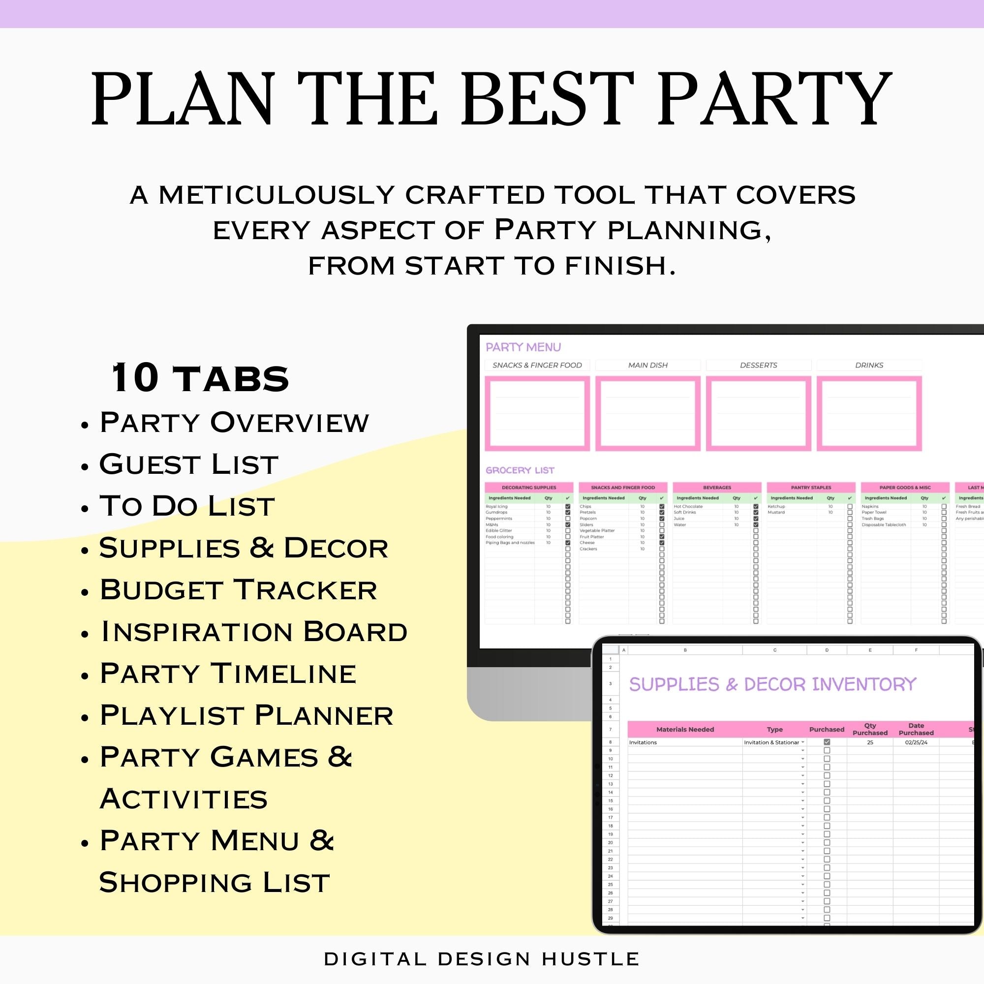Plan the perfect party effortlessly with our Birthday Party Planning Spreadsheet designed specifically for Google Sheets! This comprehensive Digital Event Planner includes 10 meticulously organized tabs, each tailored to streamline every aspect of your event preparation.