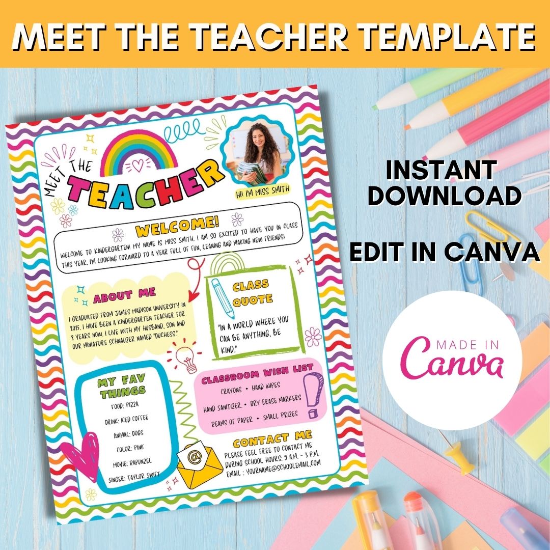 Welcome to our bright and colorful "Meet The Teacher" Canva template, designed to make a lasting impression on your students and their families! This editable Canva template is perfect for introducing yourself and creating a warm and inviting atmosphere for the upcoming school year.