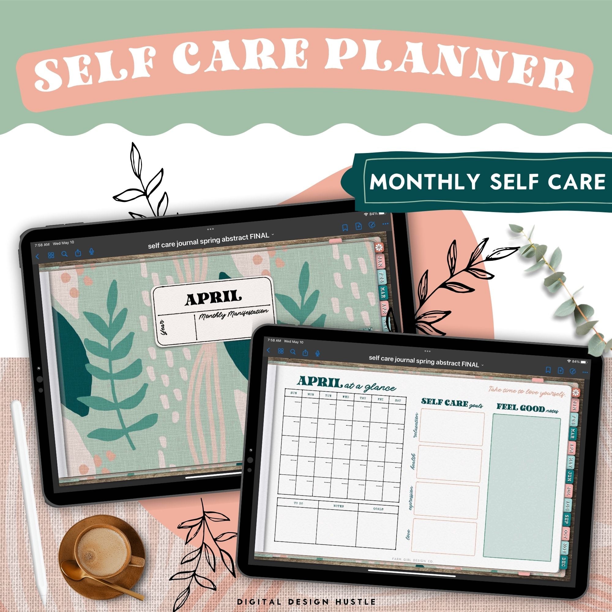 Take care of your mind, body, and health with this spring abstract digital Self Care Journal. Use this beautifully designed planner to record and take note of your mental health. This mindfulness planner has 1767 hyperlinked pages for monthly and daily self-care. Track your mental wellness for each week of the year.