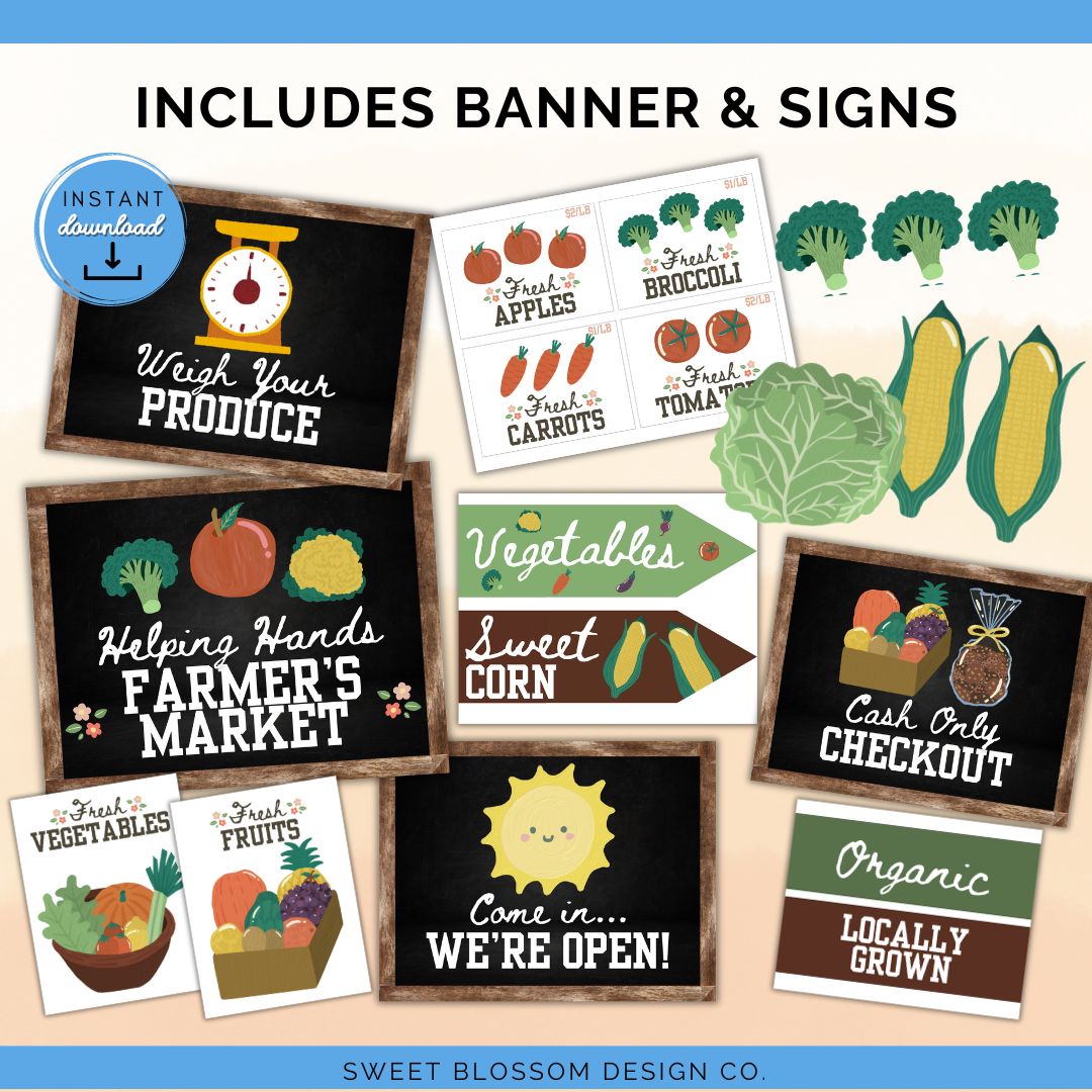 Welcome to the ultimate Farmers Market Dramatic Play Kit! Perfect for encouraging imaginative play and teaching kids about healthy eating, commerce, and social skills. This printable PDF kit has everything your little ones need to set up their very own play farmers market.