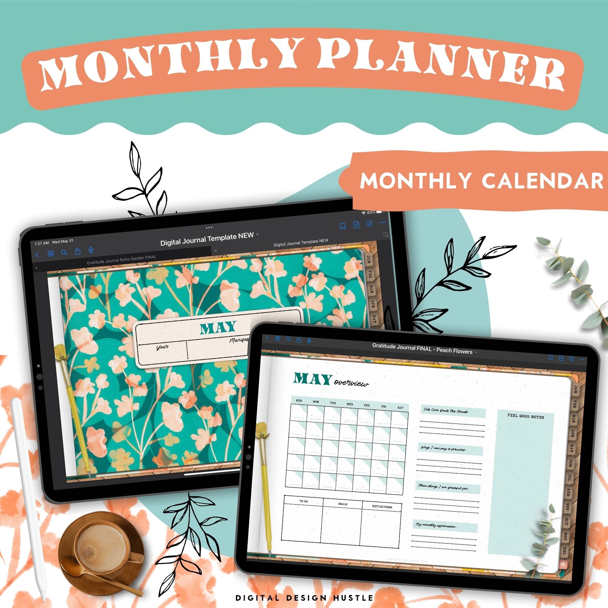 Take care of your mind, body and health with this 365-day digital gratitude journal. Use this beautifully designed planner to record and take note of your mental health. This self care planner has 449 hyperlinked pages for monthly and daily journaling. Track your gratitude for each week of the year.