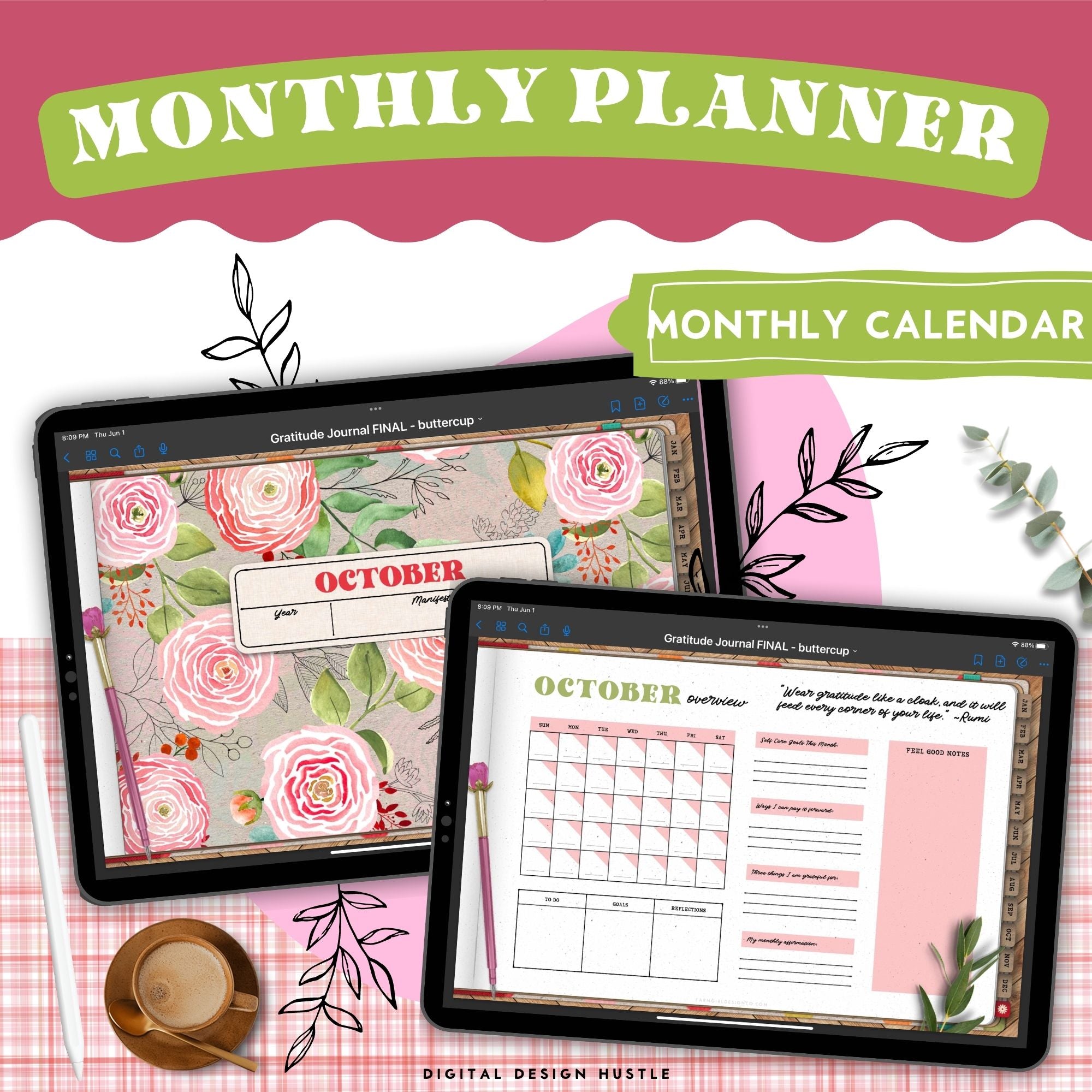 Take care of your mind, body and health with this floral-themed 365-day digital gratitude journal. Use this beautifully designed planner to record and take note of your mental health. This self care planner has 449 hyperlinked pages for monthly and daily journaling. Track your gratitude for each week of the year.