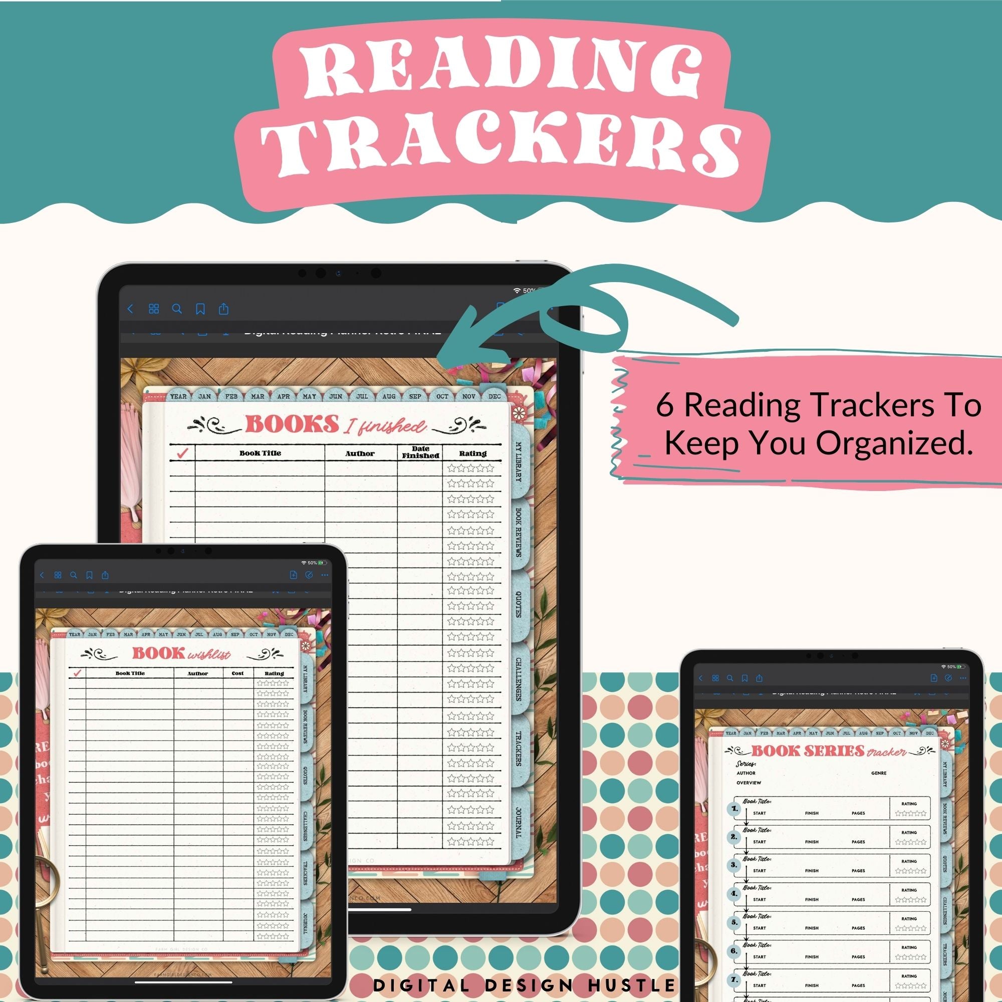 This cool retro-themed digital reading planner is a fun way to track reading progress, take notes, and write ideas and thoughts in the digital journal. This 680-page reading planner includes 19 hyperlinked sections including reading logs, book trackers, and more.