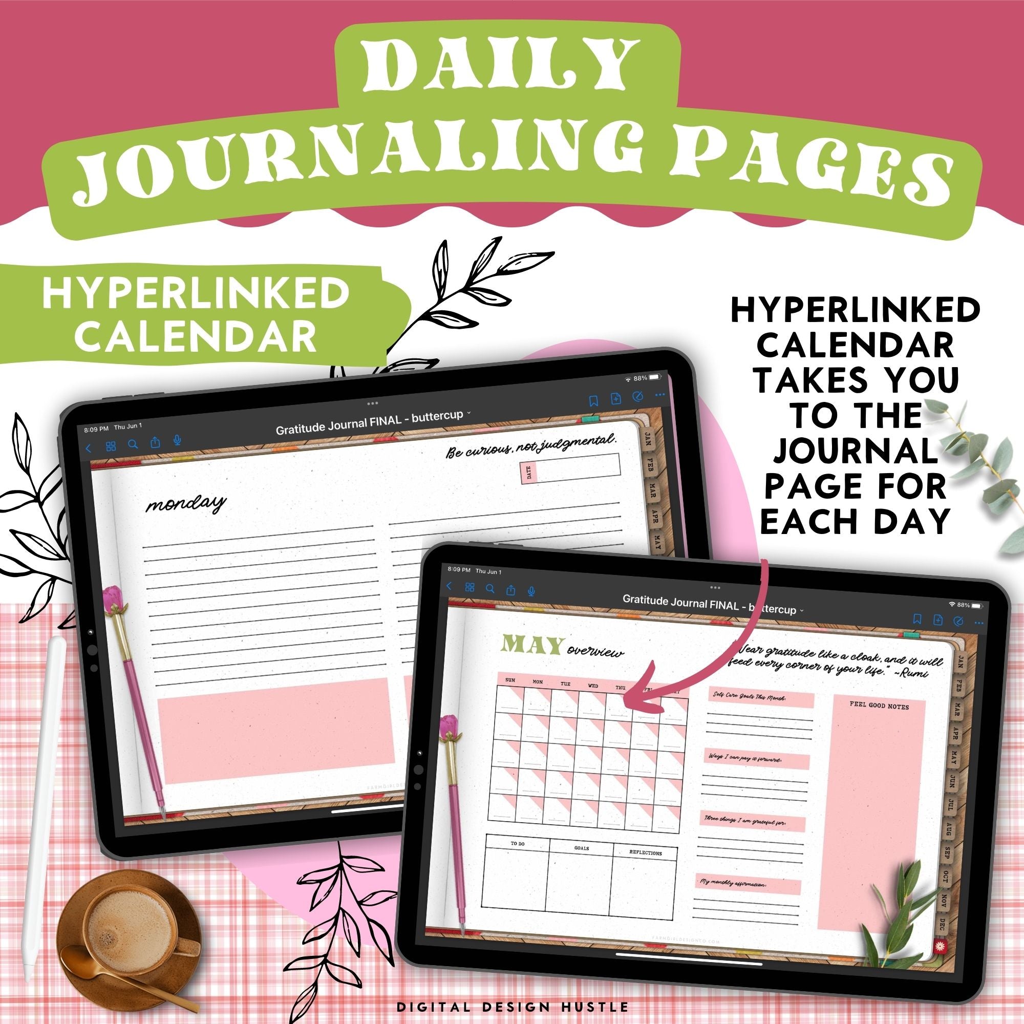Take care of your mind, body and health with this floral-themed 365-day digital gratitude journal. Use this beautifully designed planner to record and take note of your mental health. This self care planner has 449 hyperlinked pages for monthly and daily journaling. Track your gratitude for each week of the year.