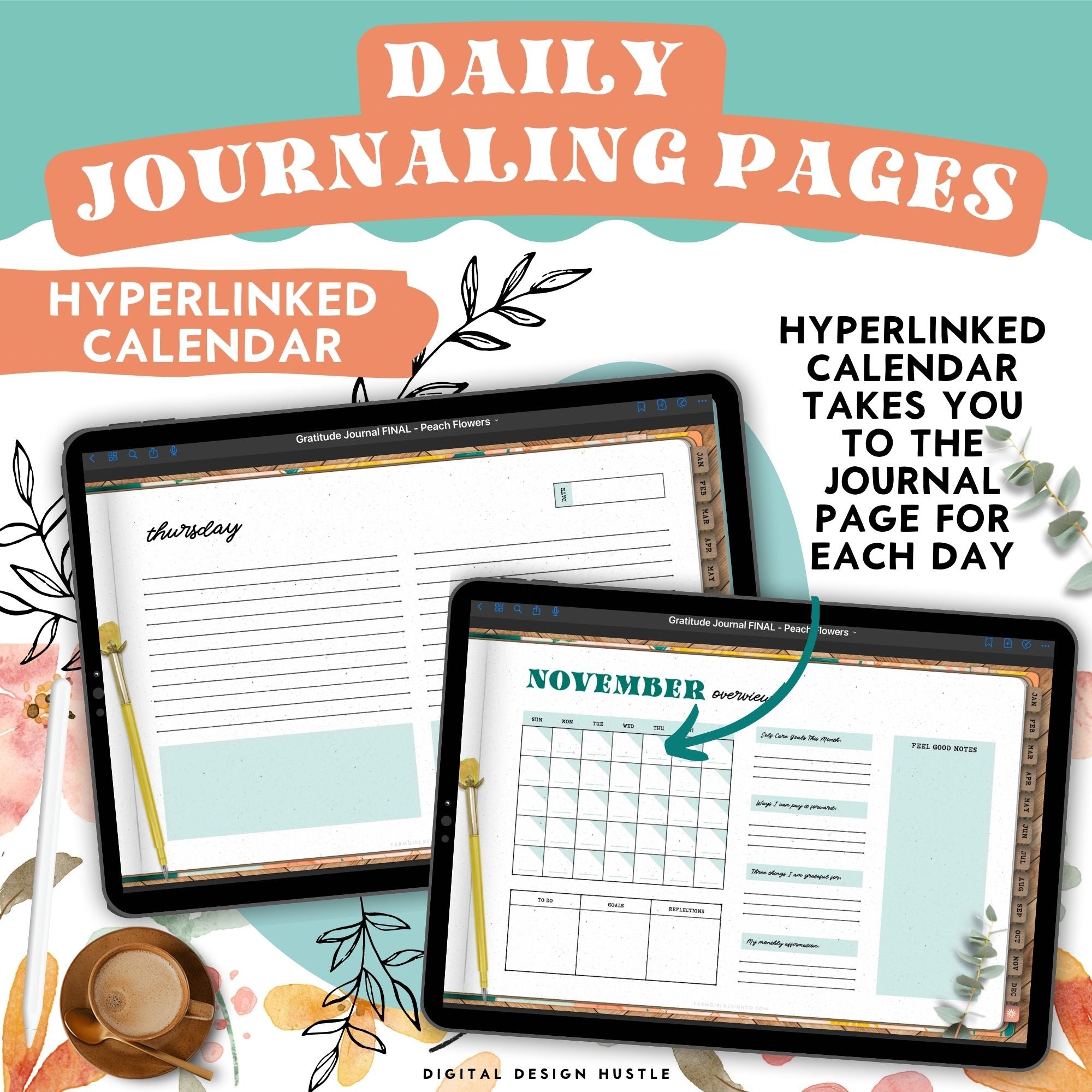 Take care of your mind, body and health with this 365-day digital gratitude journal. Use this beautifully designed planner to record and take note of your mental health. This self care planner has 449 hyperlinked pages for monthly and daily journaling. Track your gratitude for each week of the year.