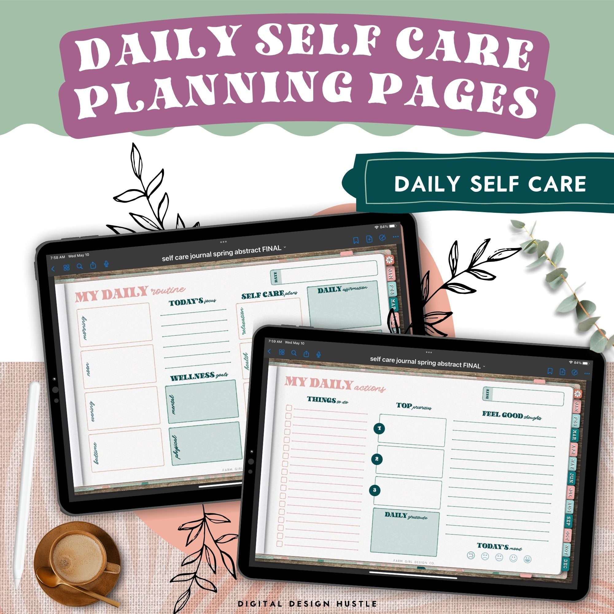 Take care of your mind, body, and health with this spring abstract digital Self Care Journal. Use this beautifully designed planner to record and take note of your mental health. This mindfulness planner has 1767 hyperlinked pages for monthly and daily self-care. Track your mental wellness for each week of the year.