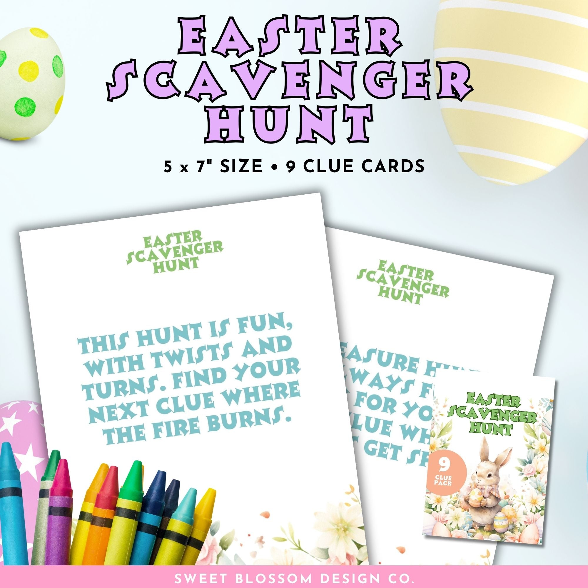 Get ready to hop into Easter fun with our delightful set of 9 printable Easter Scavenger Hunt Clue cards! Whether you&