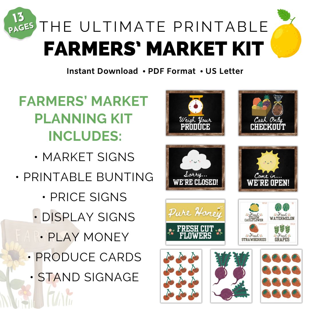 Welcome to the ultimate Farmers Market Dramatic Play Kit! Perfect for encouraging imaginative play and teaching kids about healthy eating, commerce, and social skills. This printable PDF kit has everything your little ones need to set up their very own play farmers market.