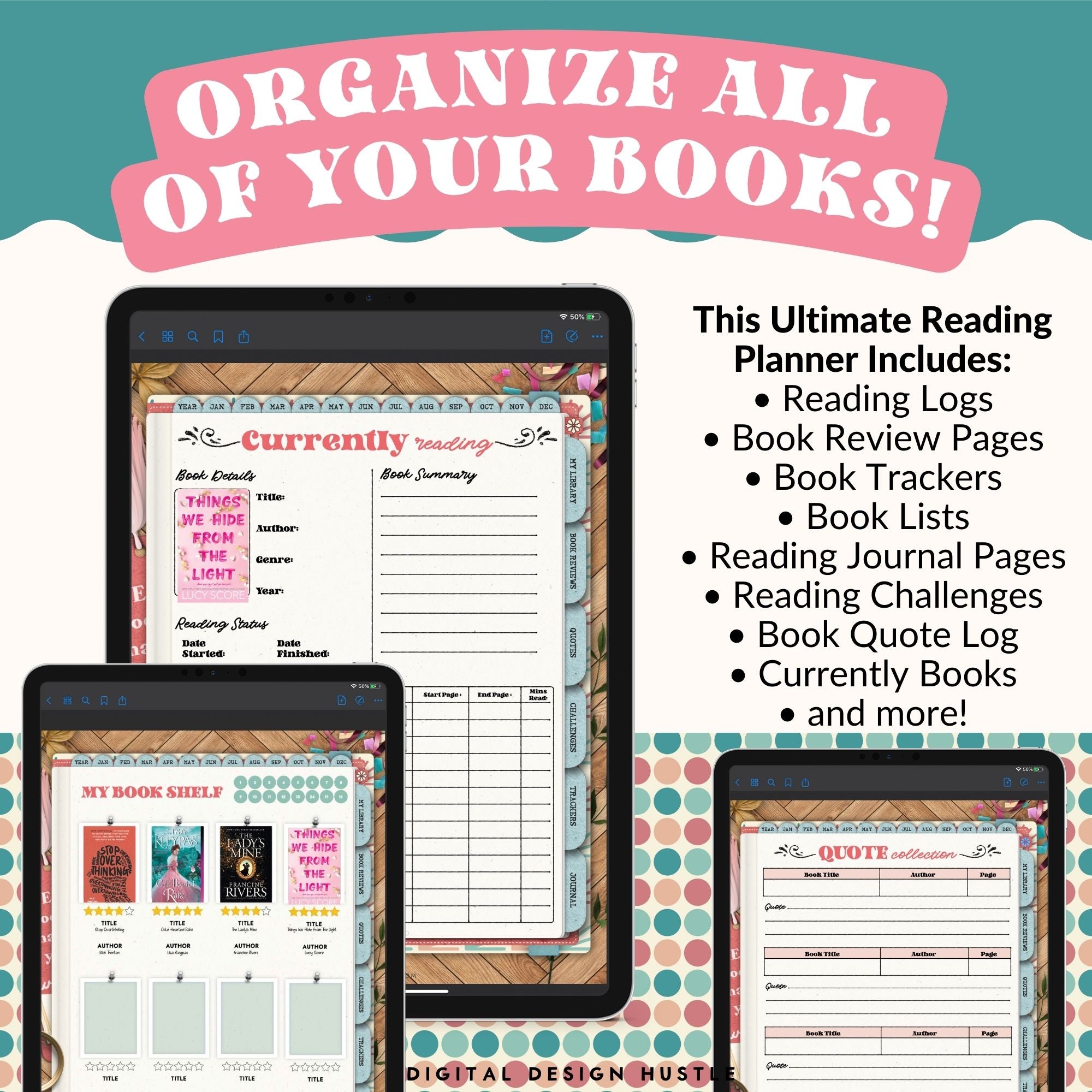 This cool retro-themed digital reading planner is a fun way to track reading progress, take notes, and write ideas and thoughts in the digital journal. This 680-page reading planner includes 19 hyperlinked sections including reading logs, book trackers, and more.