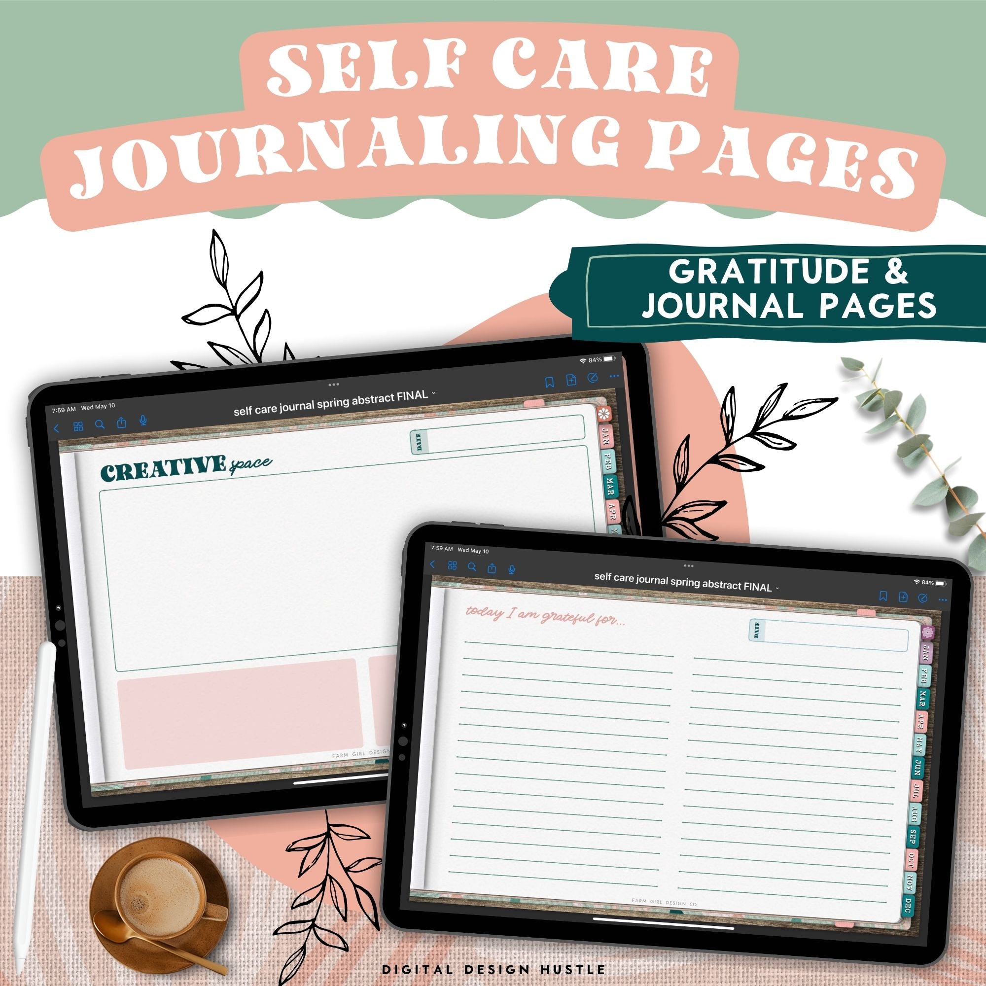 Take care of your mind, body, and health with this spring abstract digital Self Care Journal. Use this beautifully designed planner to record and take note of your mental health. This mindfulness planner has 1767 hyperlinked pages for monthly and daily self-care. Track your mental wellness for each week of the year.