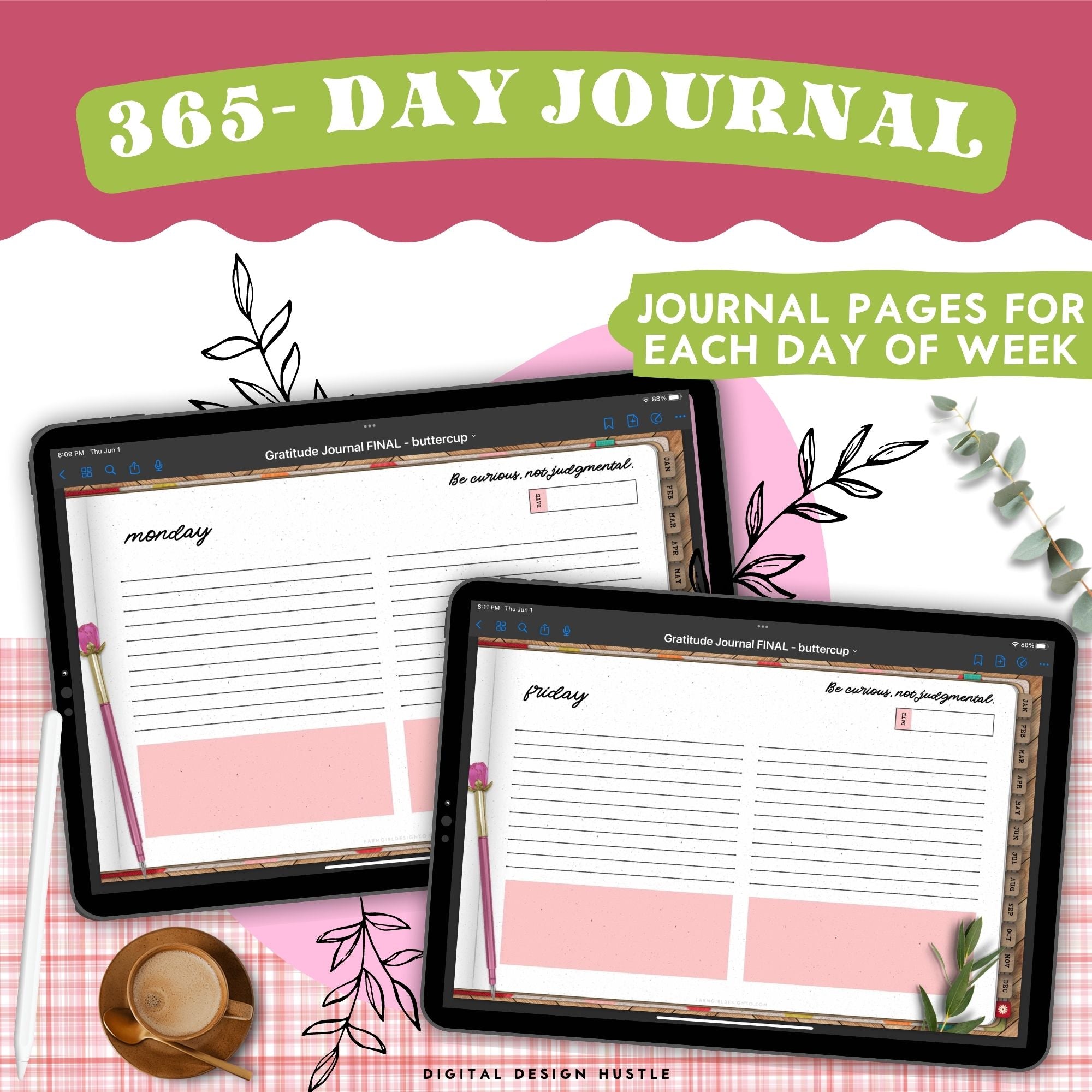 Take care of your mind, body and health with this floral-themed 365-day digital gratitude journal. Use this beautifully designed planner to record and take note of your mental health. This self care planner has 449 hyperlinked pages for monthly and daily journaling. Track your gratitude for each week of the year.
