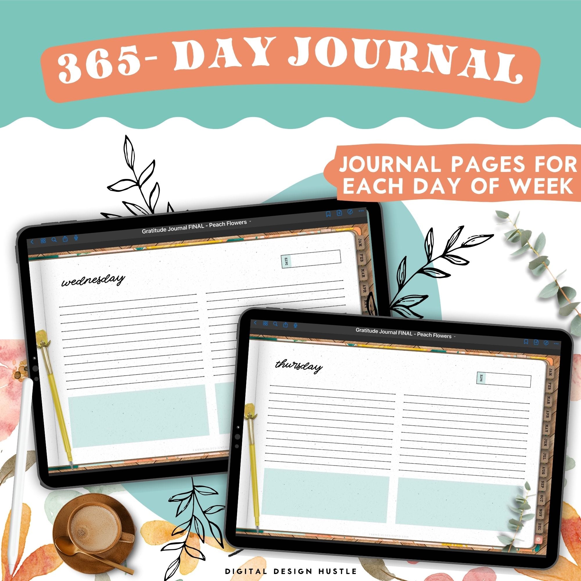 Take care of your mind, body and health with this 365-day digital gratitude journal. Use this beautifully designed planner to record and take note of your mental health. This self care planner has 449 hyperlinked pages for monthly and daily journaling. Track your gratitude for each week of the year.
