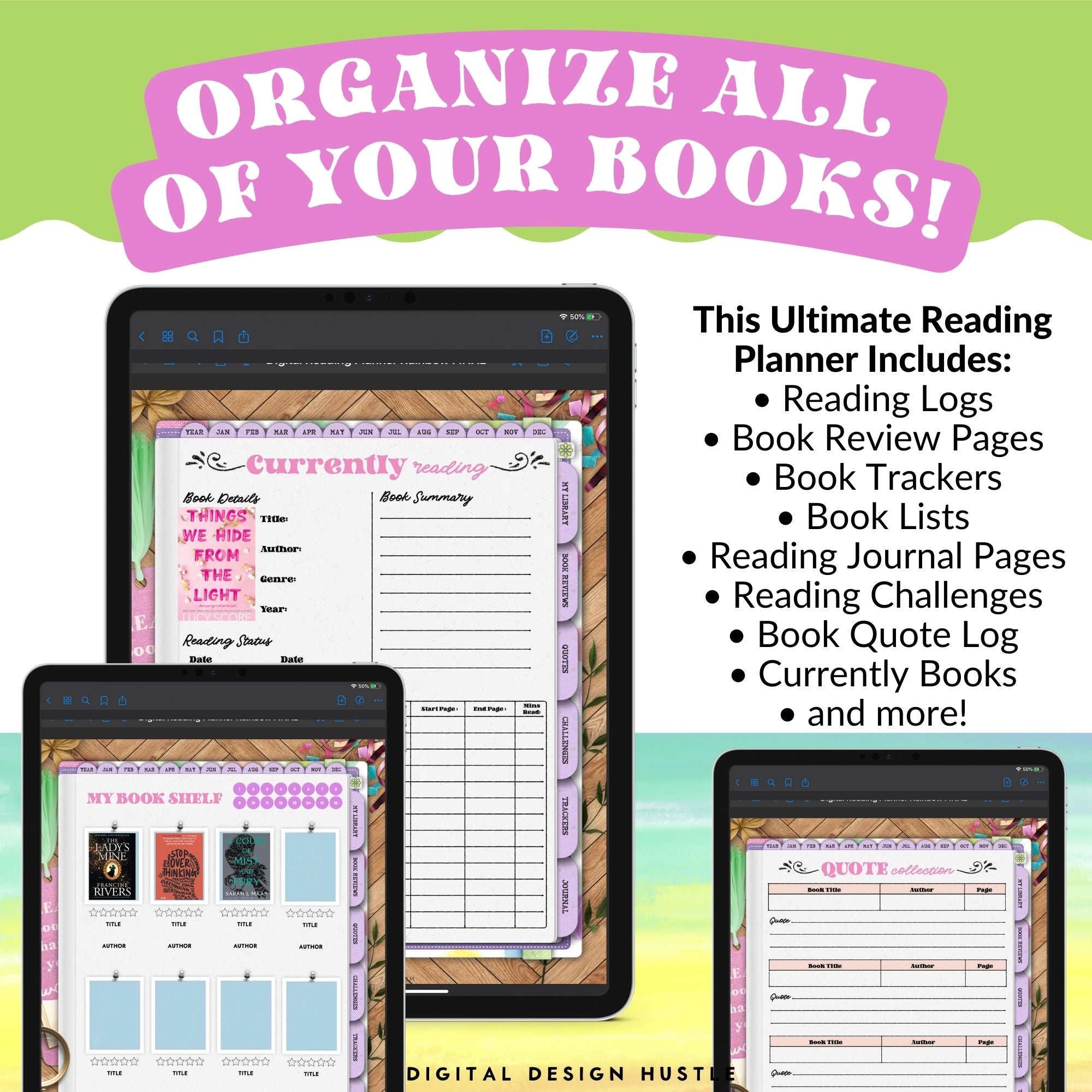 This rainbow digital reading planner is a fun way to track reading progress, take notes in the digital notebook and write thoughts in the digital journal. This planner includes a monthly and daily planner and reading logs, book trackers, and more. Keep track of all your reading lists, activities, goals too.