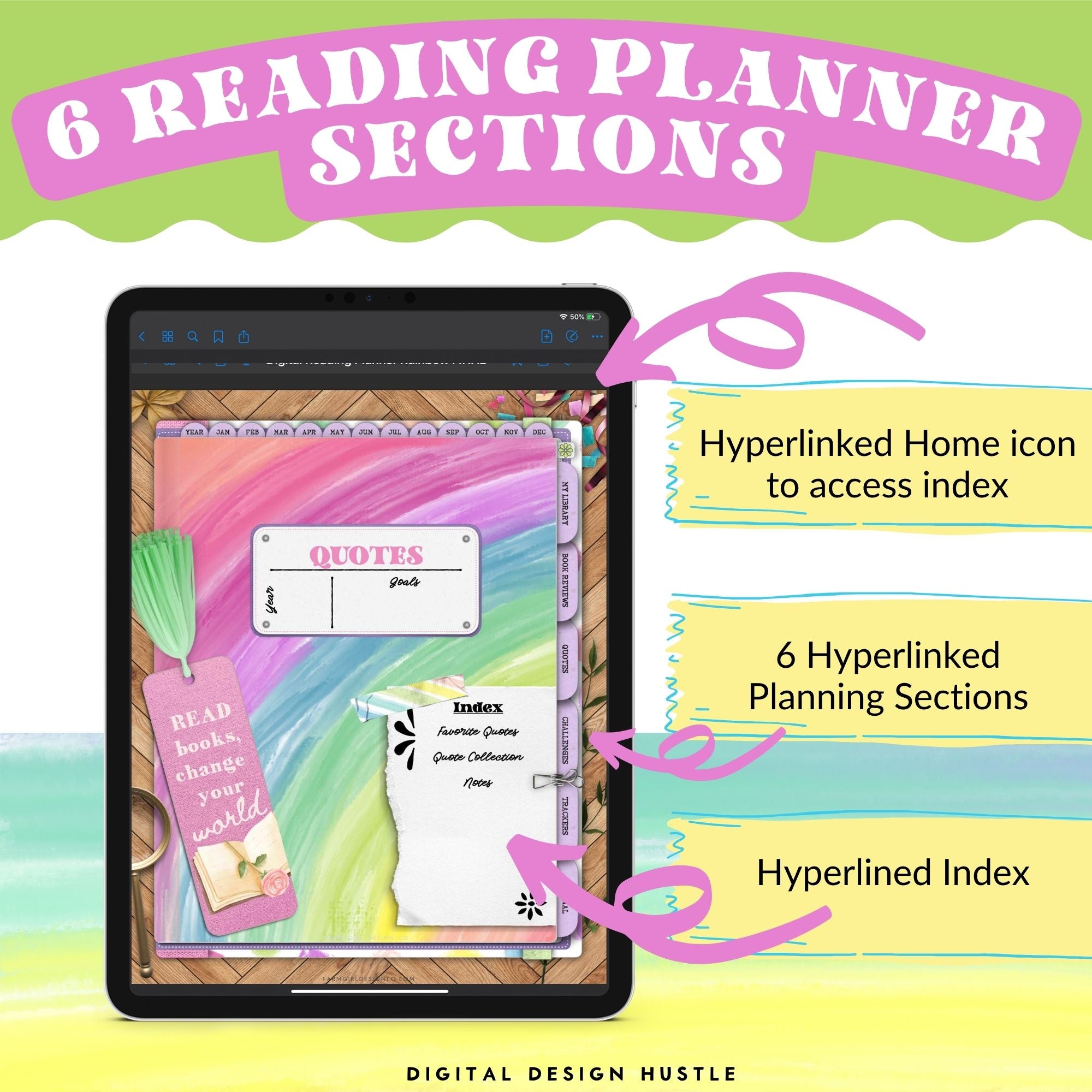 This rainbow digital reading planner is a fun way to track reading progress, take notes in the digital notebook and write thoughts in the digital journal. This planner includes a monthly and daily planner and reading logs, book trackers, and more. Keep track of all your reading lists, activities, goals too.