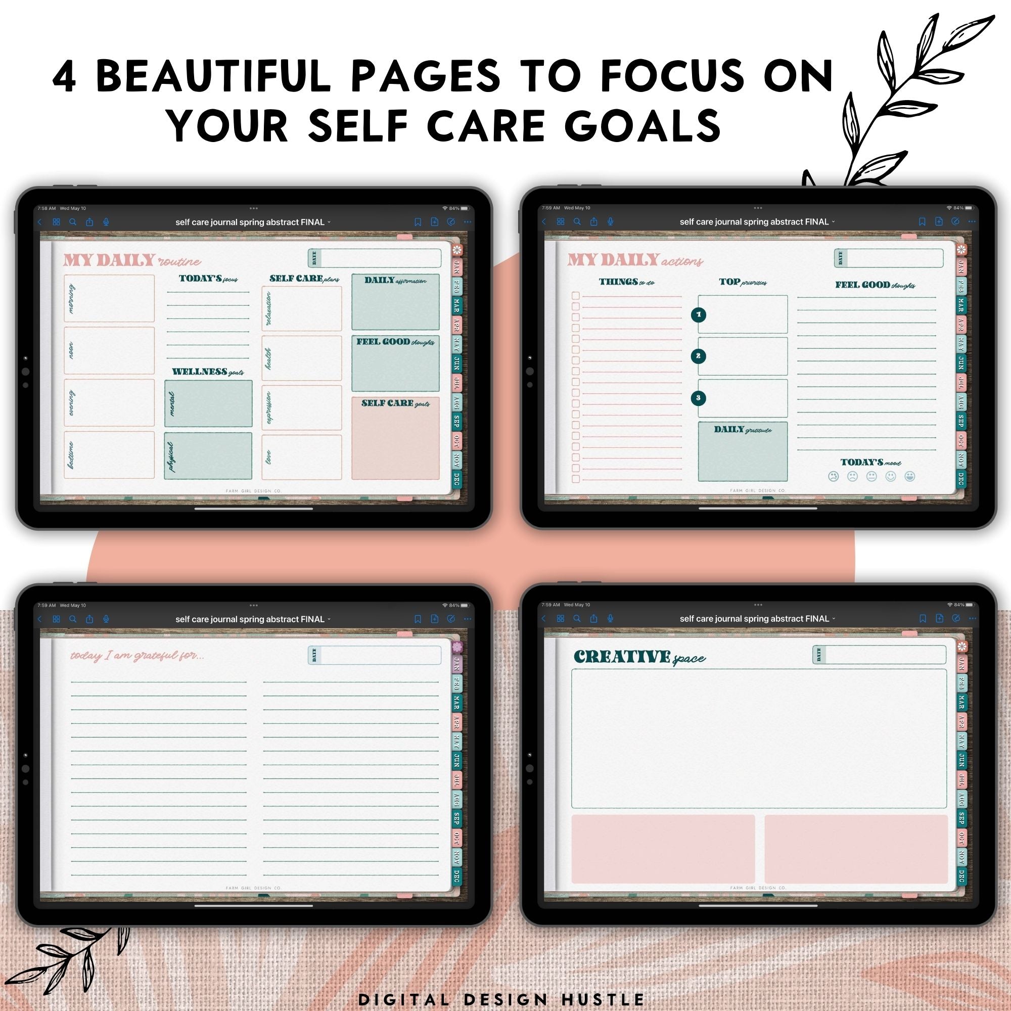 Take care of your mind, body, and health with this spring abstract digital Self Care Journal. Use this beautifully designed planner to record and take note of your mental health. This mindfulness planner has 1767 hyperlinked pages for monthly and daily self-care. Track your mental wellness for each week of the year.