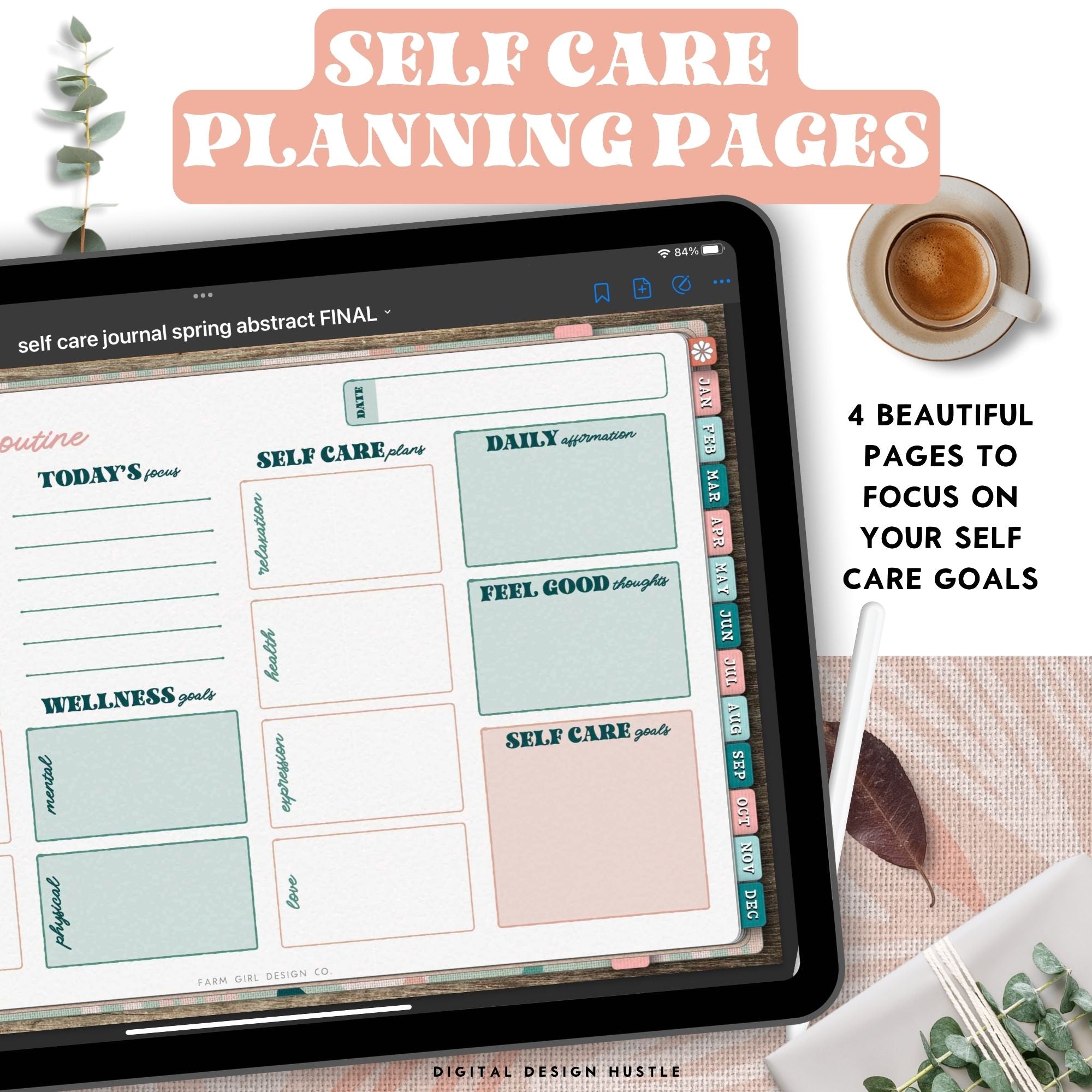 Take care of your mind, body, and health with this spring abstract digital Self Care Journal. Use this beautifully designed planner to record and take note of your mental health. This mindfulness planner has 1767 hyperlinked pages for monthly and daily self-care. Track your mental wellness for each week of the year.