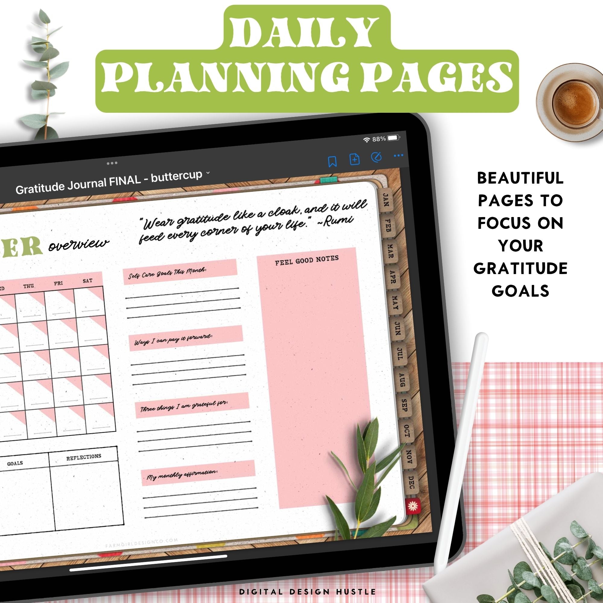 Take care of your mind, body and health with this floral-themed 365-day digital gratitude journal. Use this beautifully designed planner to record and take note of your mental health. This self care planner has 449 hyperlinked pages for monthly and daily journaling. Track your gratitude for each week of the year.