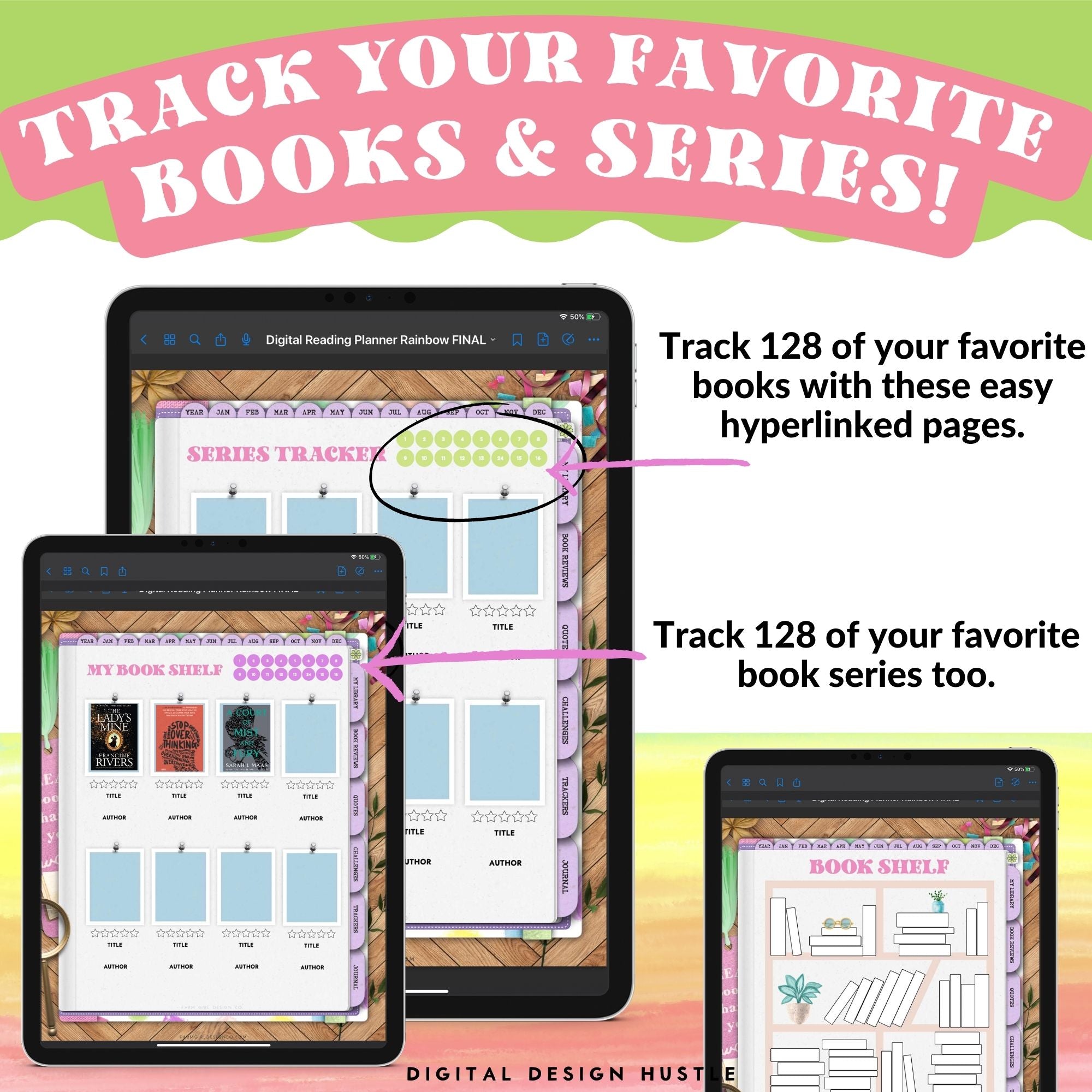 This rainbow digital reading planner is a fun way to track reading progress, take notes in the digital notebook and write thoughts in the digital journal. This planner includes a monthly and daily planner and reading logs, book trackers, and more. Keep track of all your reading lists, activities, goals too.