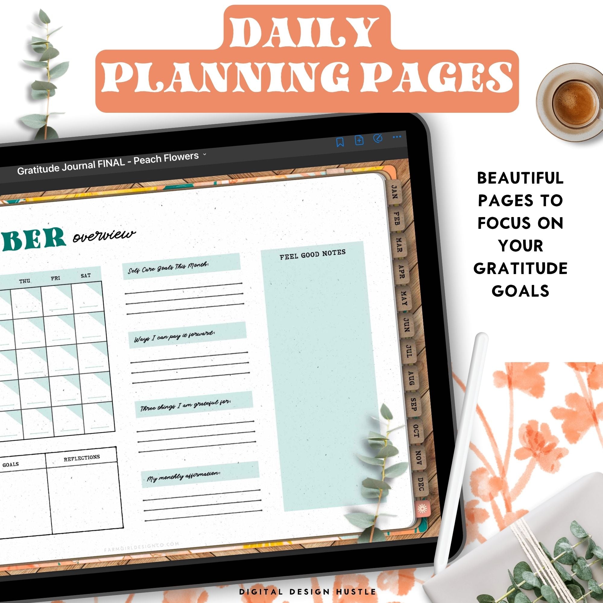 Take care of your mind, body and health with this 365-day digital gratitude journal. Use this beautifully designed planner to record and take note of your mental health. This self care planner has 449 hyperlinked pages for monthly and daily journaling. Track your gratitude for each week of the year.