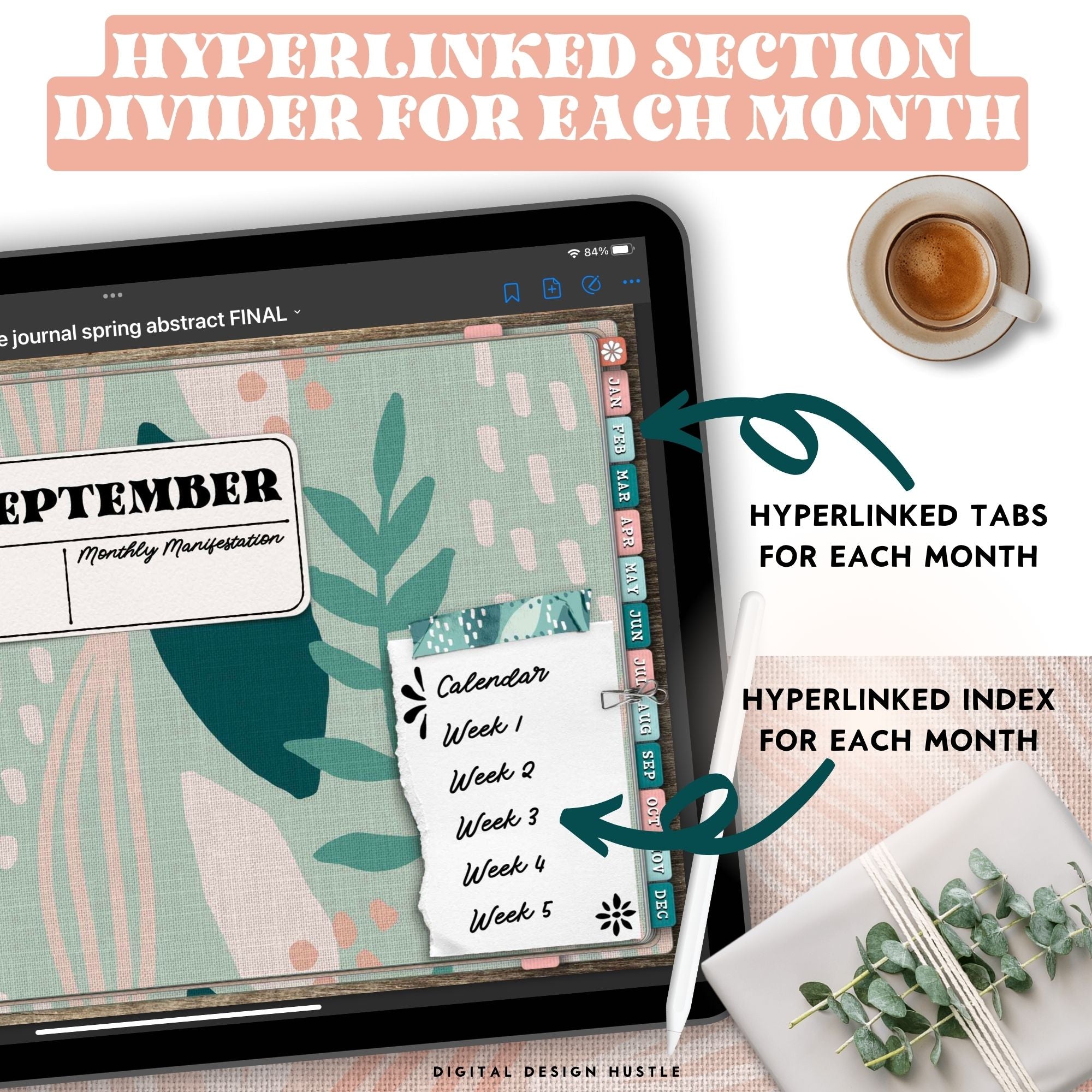 Take care of your mind, body, and health with this spring abstract digital Self Care Journal. Use this beautifully designed planner to record and take note of your mental health. This mindfulness planner has 1767 hyperlinked pages for monthly and daily self-care. Track your mental wellness for each week of the year.