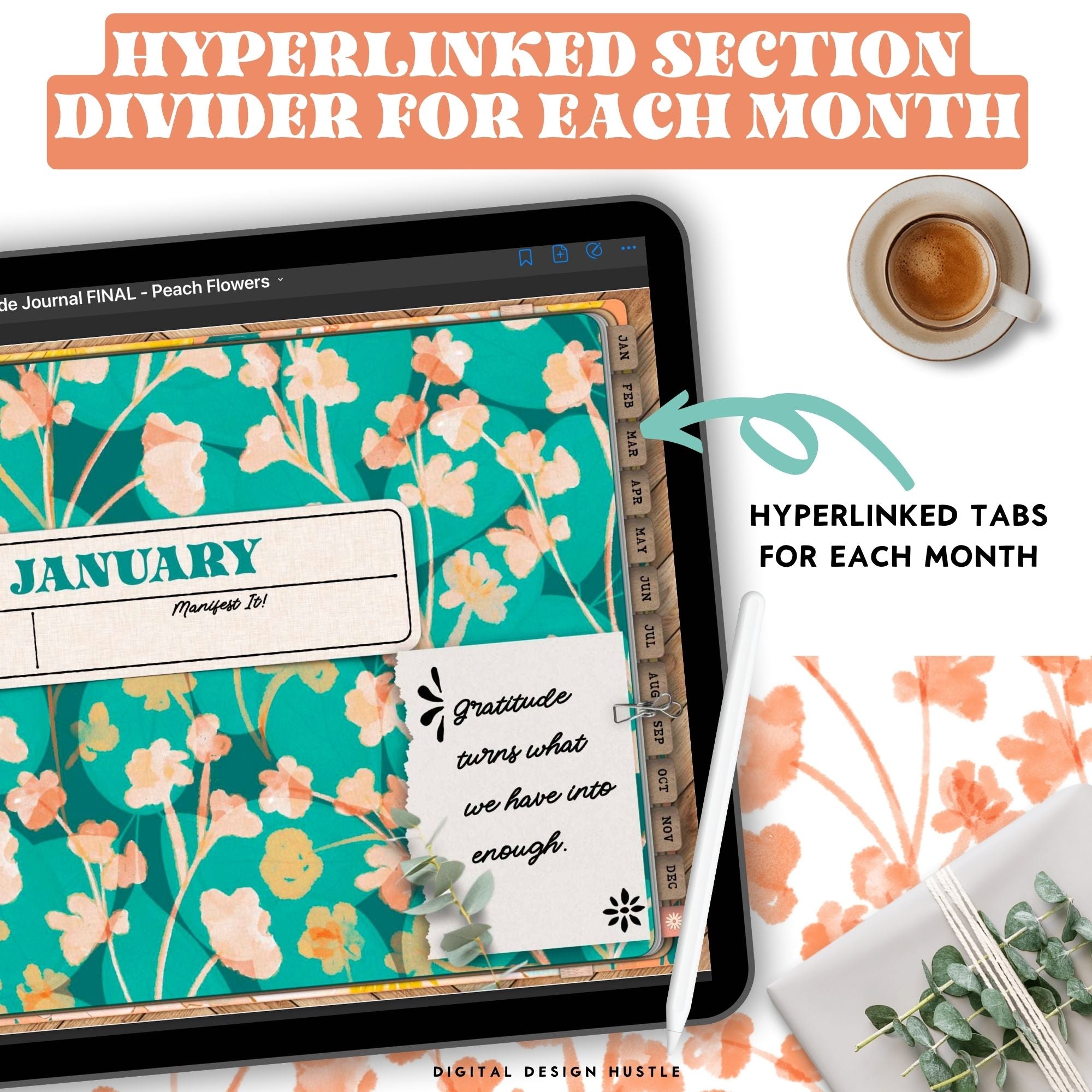 Take care of your mind, body and health with this 365-day digital gratitude journal. Use this beautifully designed planner to record and take note of your mental health. This self care planner has 449 hyperlinked pages for monthly and daily journaling. Track your gratitude for each week of the year.