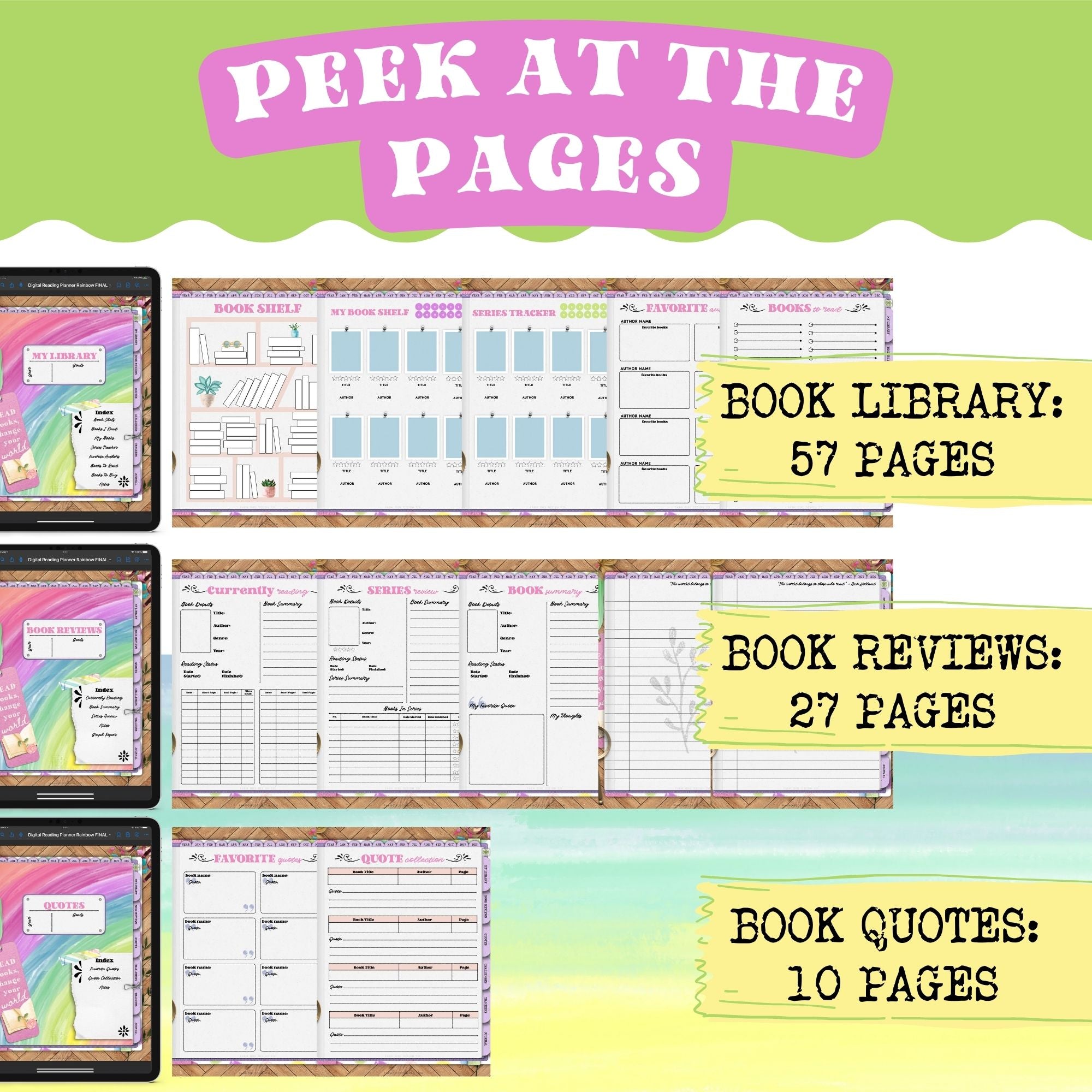 This rainbow digital reading planner is a fun way to track reading progress, take notes in the digital notebook and write thoughts in the digital journal. This planner includes a monthly and daily planner and reading logs, book trackers, and more. Keep track of all your reading lists, activities, goals too.