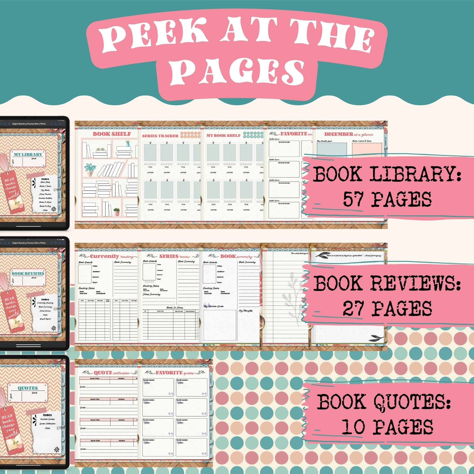 This cool retro-themed digital reading planner is a fun way to track reading progress, take notes, and write ideas and thoughts in the digital journal. This 680-page reading planner includes 19 hyperlinked sections including reading logs, book trackers, and more.