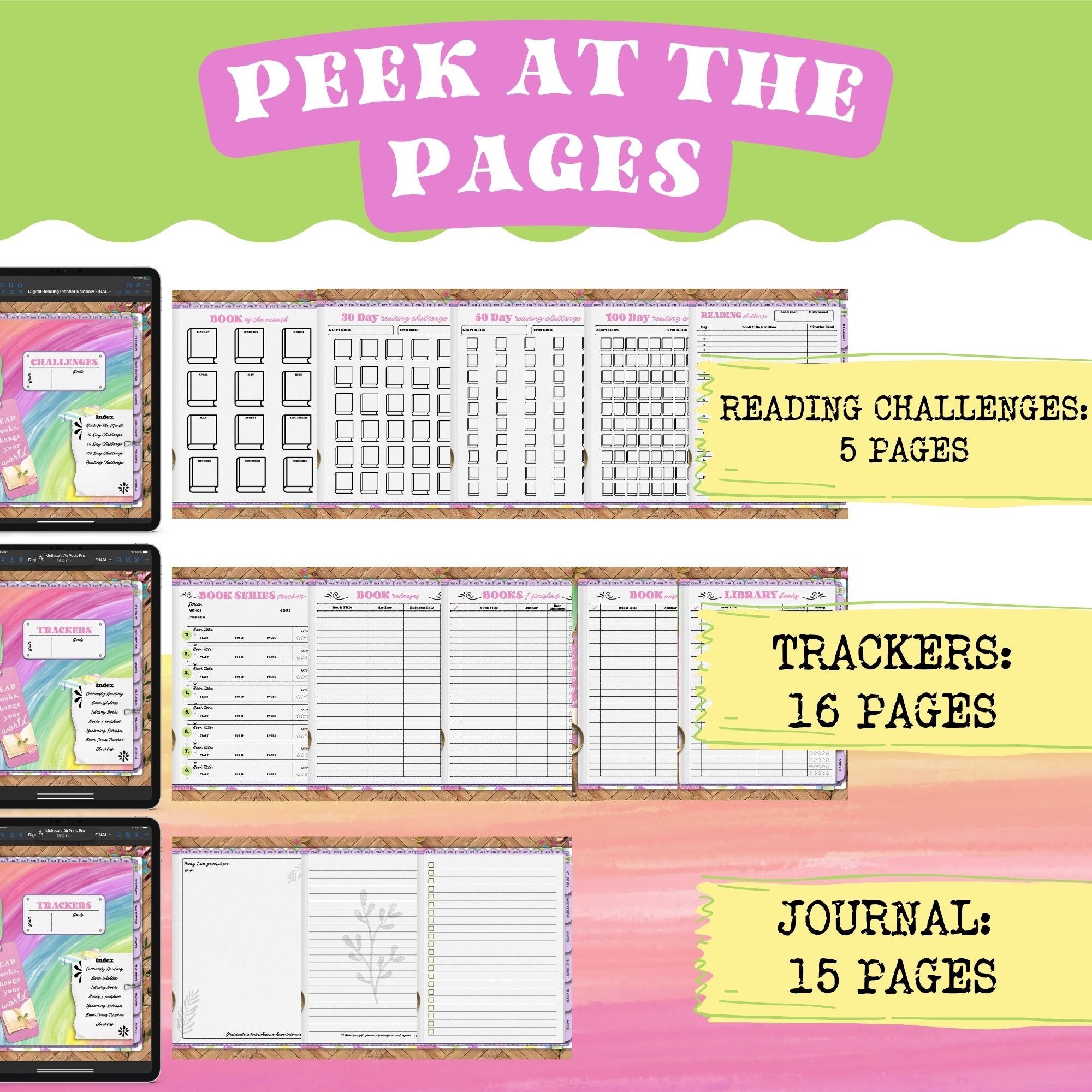This rainbow digital reading planner is a fun way to track reading progress, take notes in the digital notebook and write thoughts in the digital journal. This planner includes a monthly and daily planner and reading logs, book trackers, and more. Keep track of all your reading lists, activities, goals too.