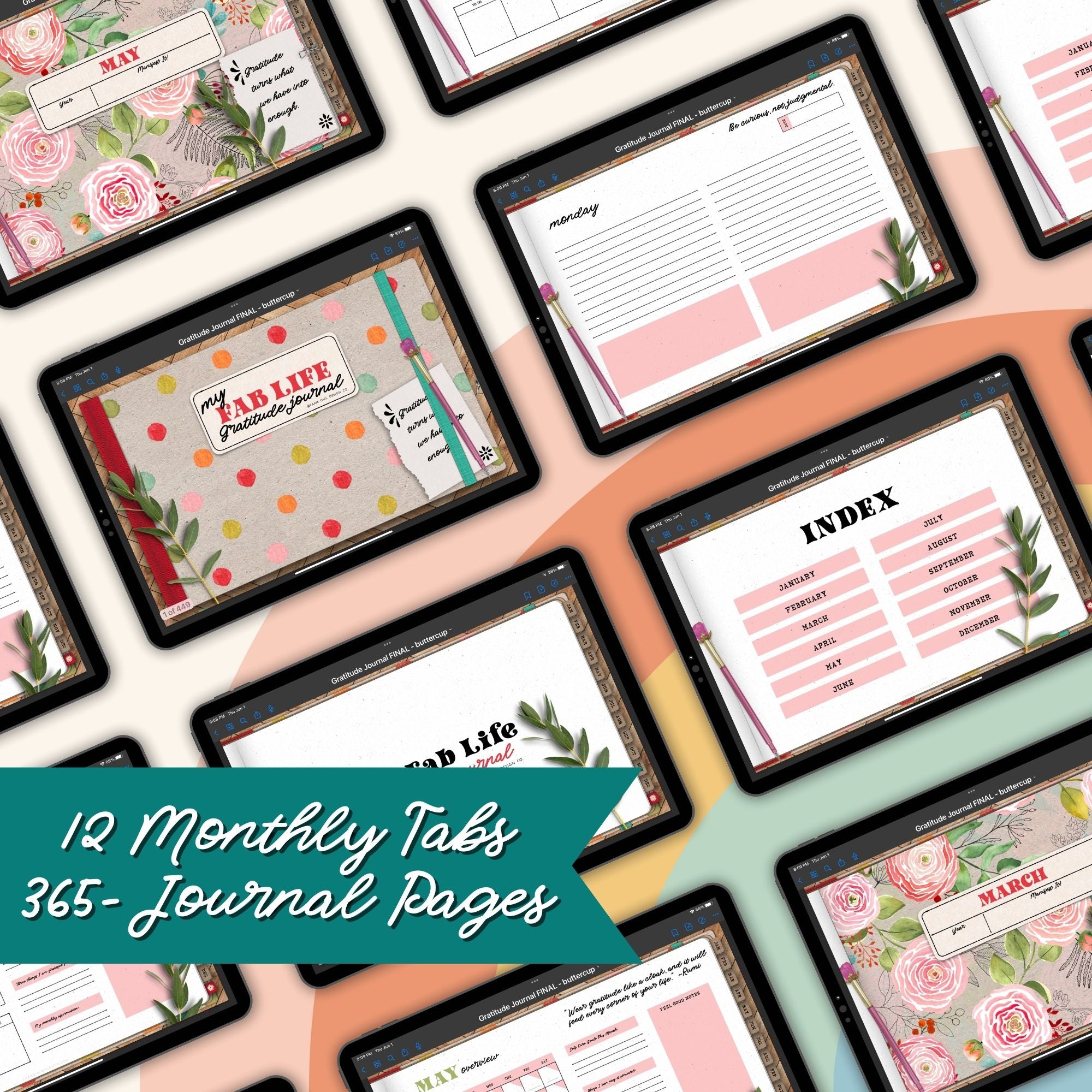 Take care of your mind, body and health with this floral-themed 365-day digital gratitude journal. Use this beautifully designed planner to record and take note of your mental health. This self care planner has 449 hyperlinked pages for monthly and daily journaling. Track your gratitude for each week of the year.