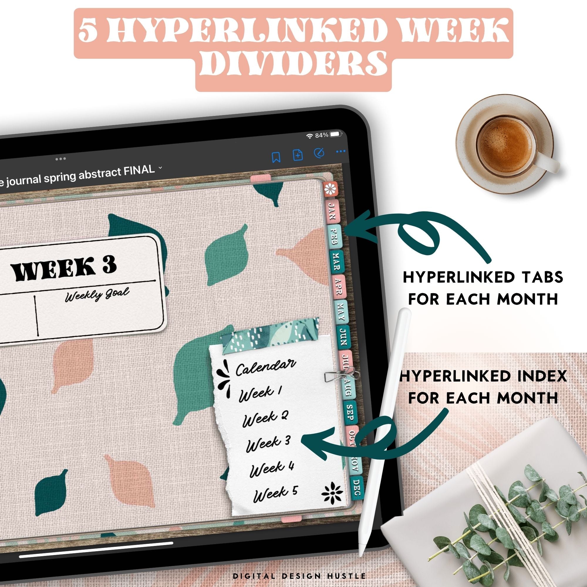 Take care of your mind, body, and health with this spring abstract digital Self Care Journal. Use this beautifully designed planner to record and take note of your mental health. This mindfulness planner has 1767 hyperlinked pages for monthly and daily self-care. Track your mental wellness for each week of the year.