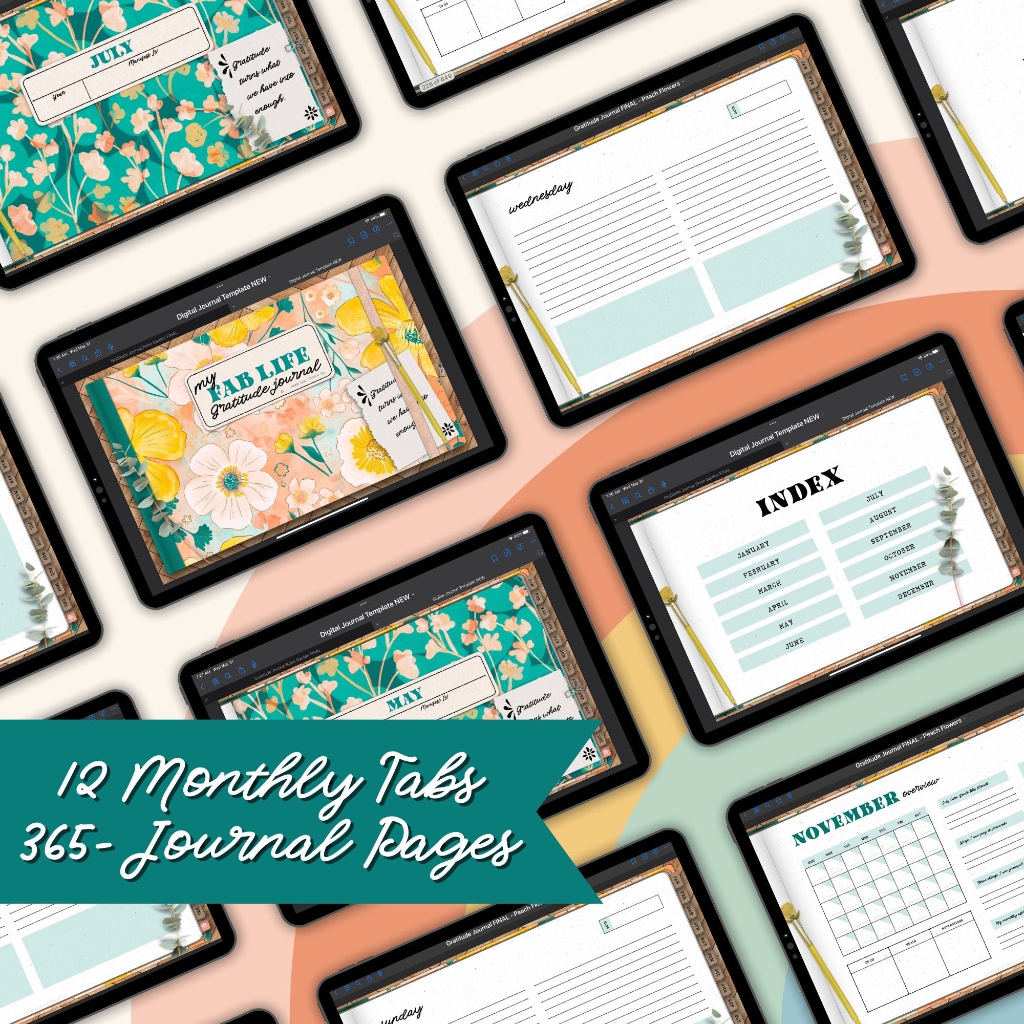 Take care of your mind, body and health with this 365-day digital gratitude journal. Use this beautifully designed planner to record and take note of your mental health. This self care planner has 449 hyperlinked pages for monthly and daily journaling. Track your gratitude for each week of the year.