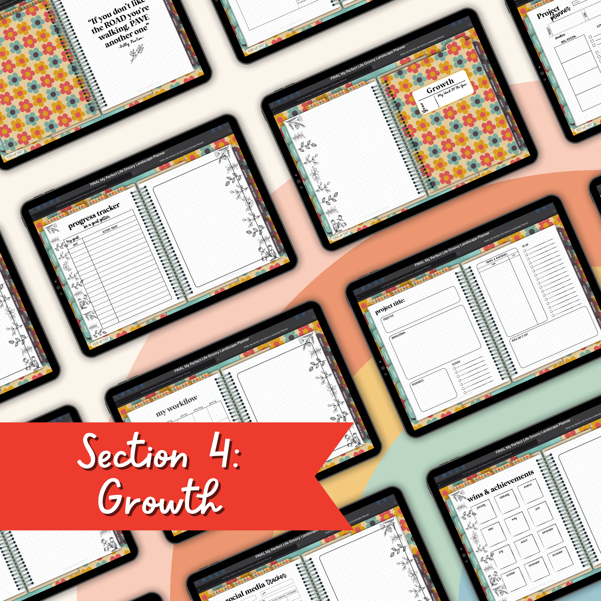 Groovy Flowers Undated Digital Landscape Planner With Digital Stickers