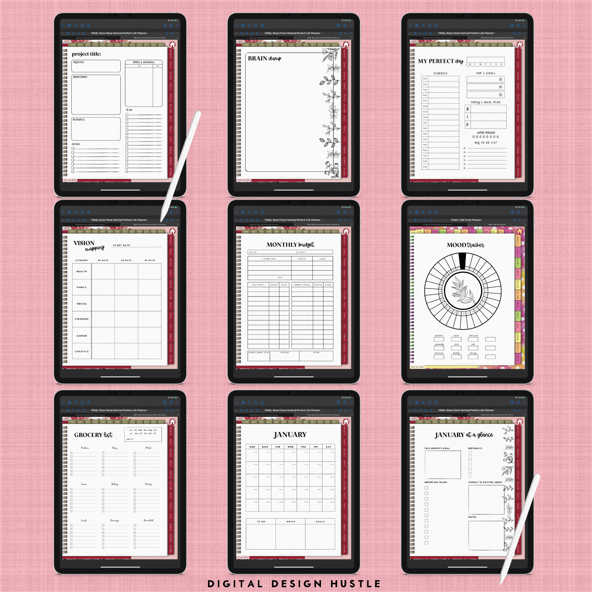 Floral Rose Digital Planner With Digital Stickers
