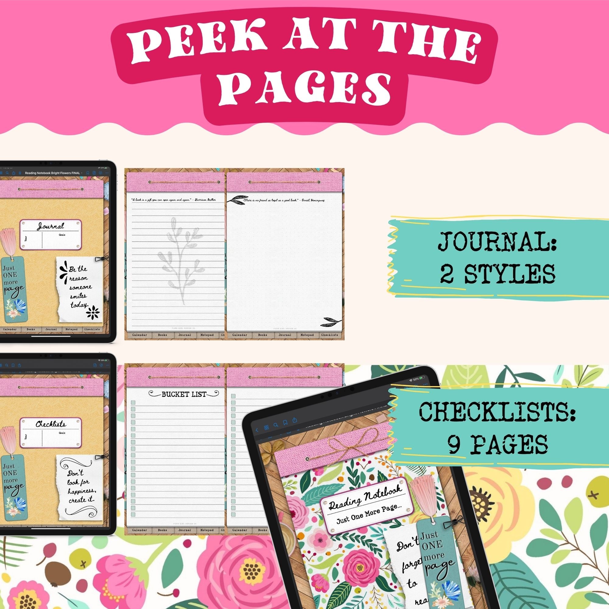 This bright floral-themed digital reading notebook is a fun way to track reading progress, take notes in the digital notebook and write ideas and thoughts in the digital journal. This reading planner 5 different hyperlinked sections: Reading Planner, Journal, Calendar, Notes, and checklists.