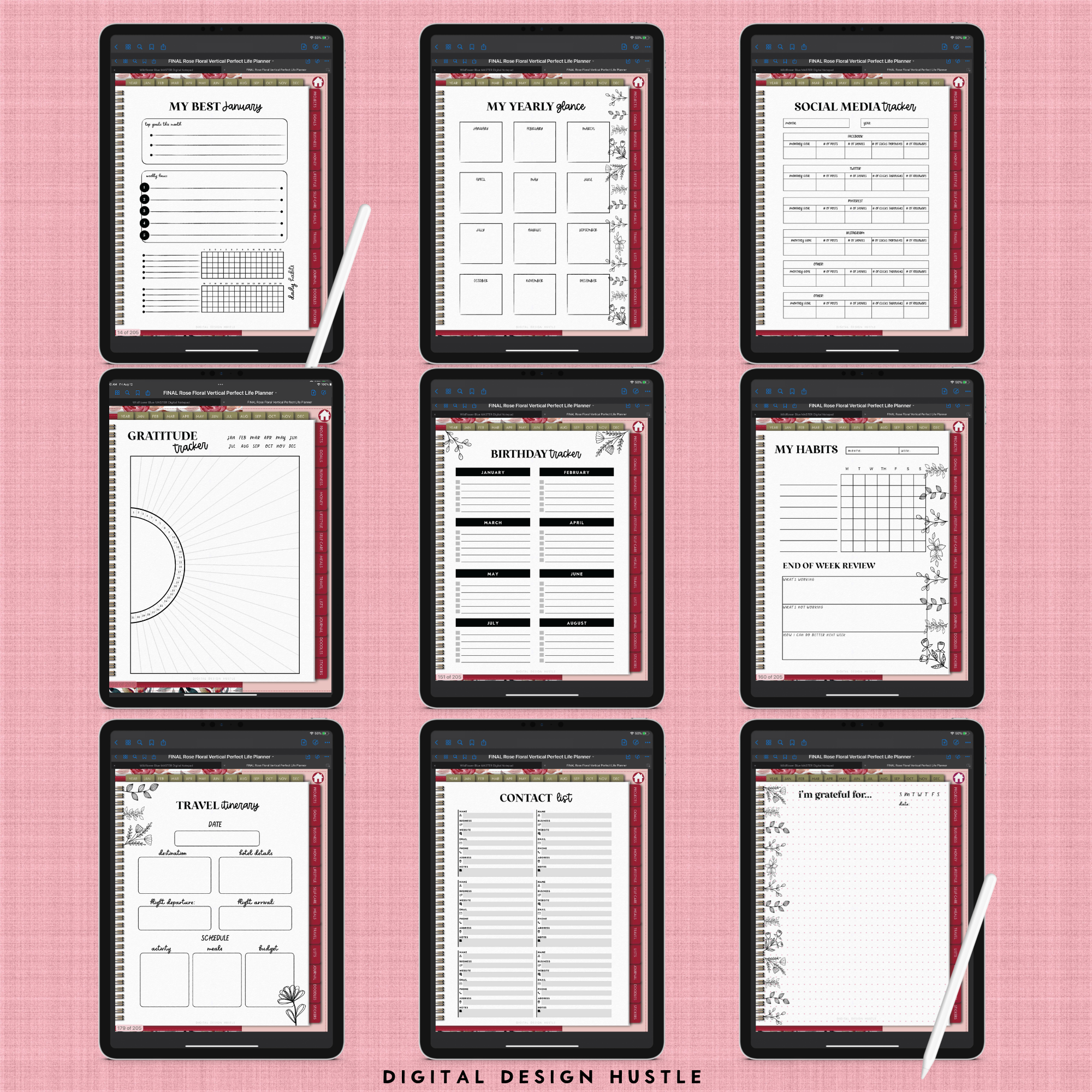 Floral Rose Digital Planner With Digital Stickers