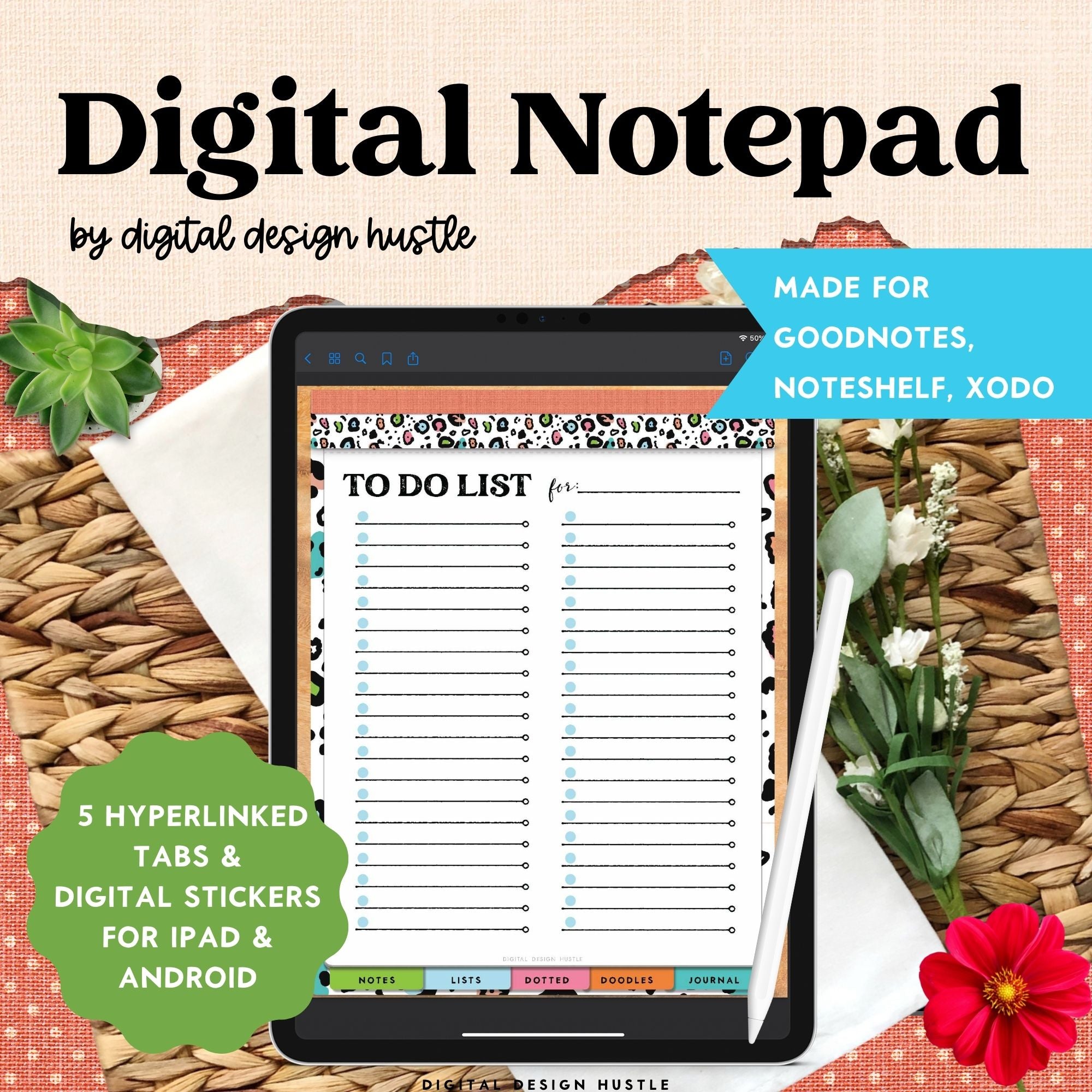 Take note of this new fun rainbow Animal Print Digital Notepad With Digital Stickers. This digital notepad bundle had 5 different notepad sections to make lists, take notes, journal and doodle. PLUS you&